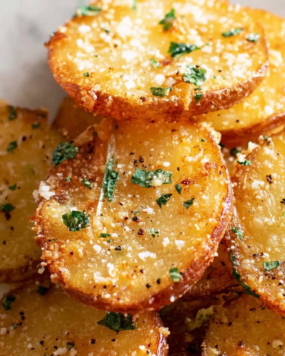The image shows several round, golden-brown potato slices with crispy edges stacked closely together on a white marbled surface. The potatoes have a textured layer from a sprinkling of grated cheese and small green herb pieces on top, giving a fresh and slightly rough look. The slices shine lightly, showing a cooked, slightly oily surface with some black specks of seasoning spread unevenly across. The overall color is a mix of warm gold and creamy white from the cheese, with bright green bits scattered on top for contrast, making the dish look crispy and flavorful. Photo taken with an iphone --ar 4:5 --v 7