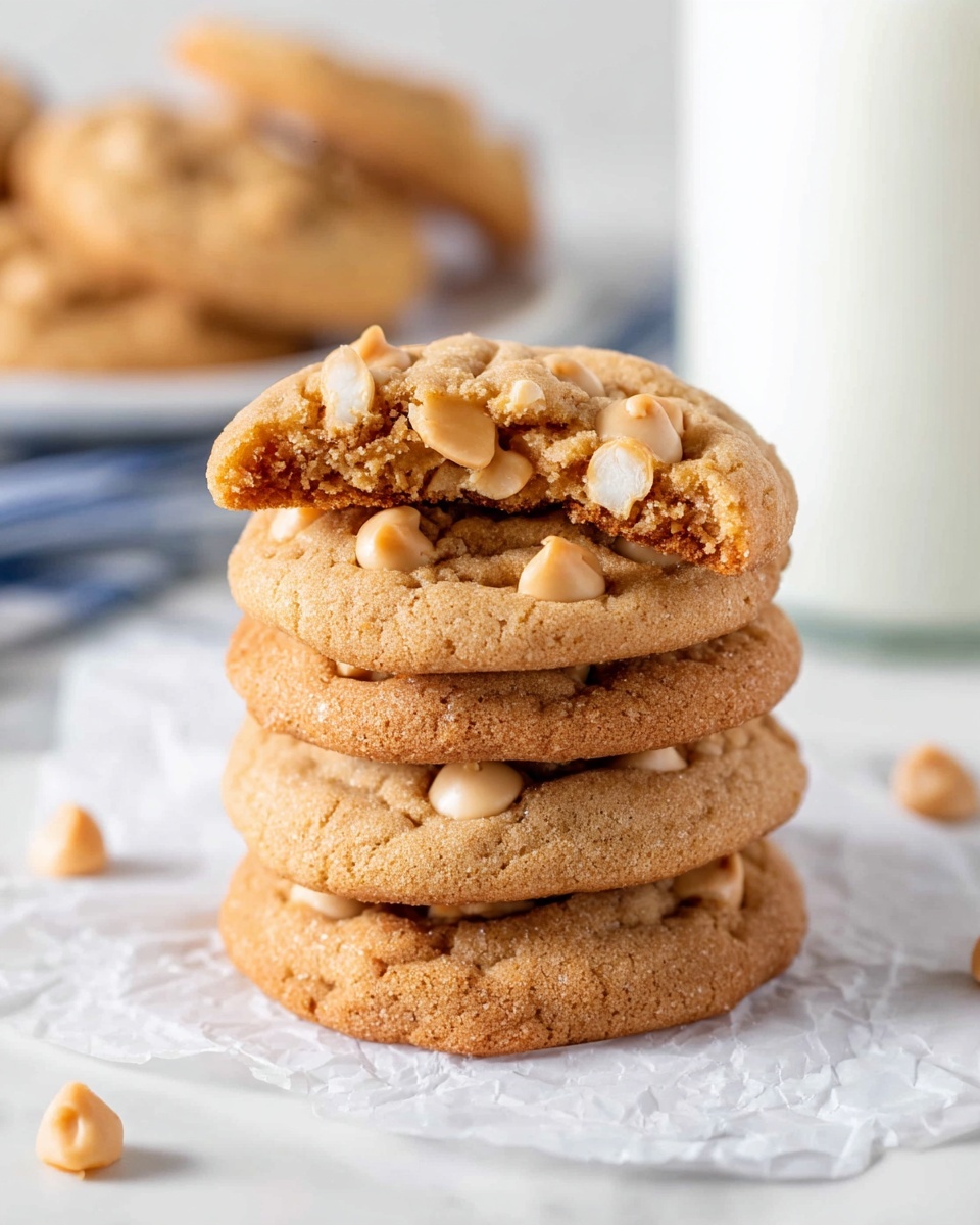 A stack of five light brown cookies with creamy peanut butter chips sits on a white marbled surface with a crumpled white paper beneath them. The top cookie is broken in half, showing a soft, chewy inside with melted peanut butter chips visible. Behind the stack, there is a blurry tall glass of milk and a white plate with more cookies. The overall look is warm and inviting with a focus on the texture of the cookies and the creamy chips. photo taken with an iphone --ar 4:5 --v 7