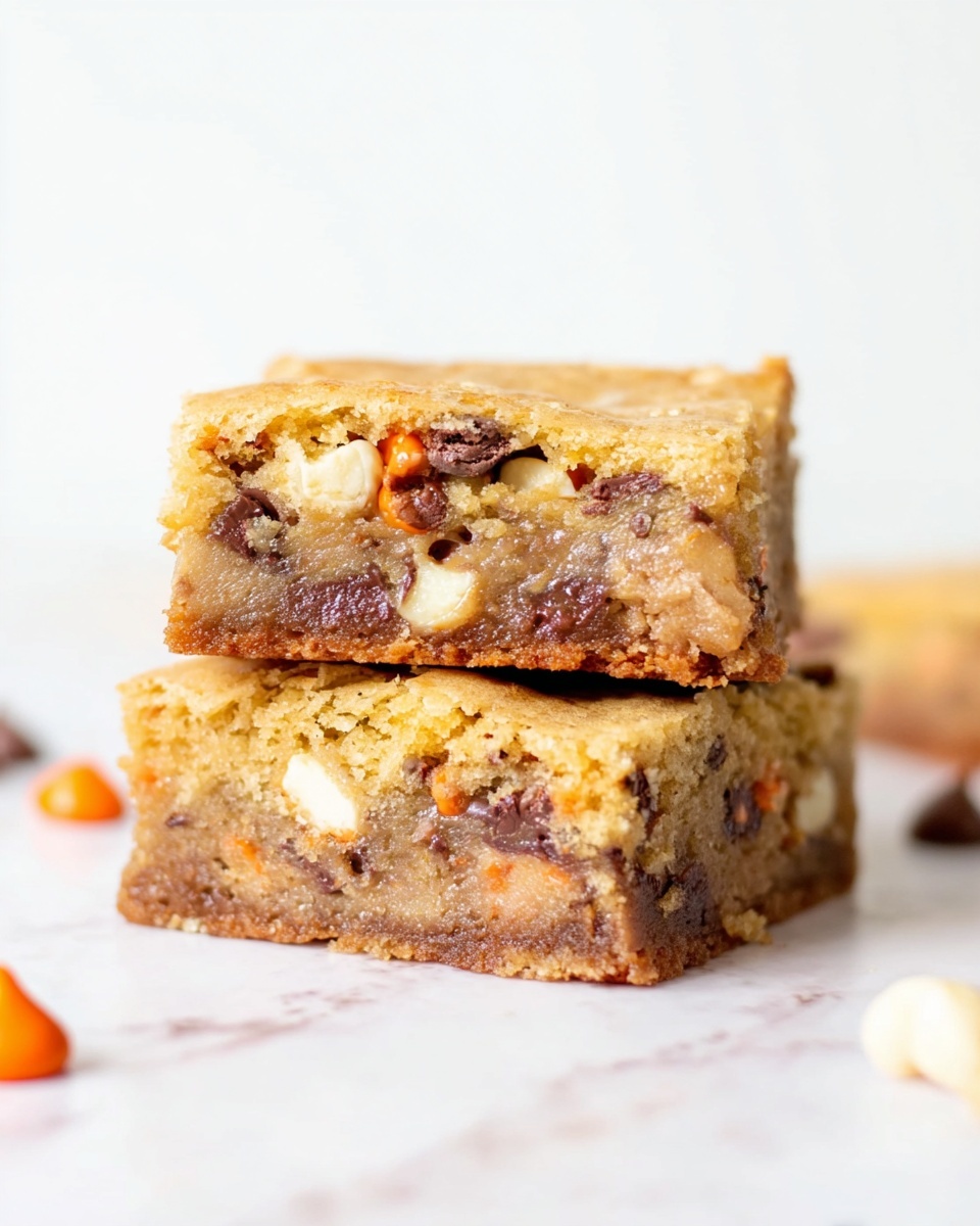 The image shows two stacked square cookie bars with a thick, soft texture. The bottom bar is golden brown with visible chunks of orange, white, and dark chocolate candy pieces inside, giving it a speckled look. The top bar is similar but is broken slightly, revealing gooey dark chocolate chips inside. The bars are placed on a white marbled surface with a few candy pieces scattered around them. The background is plain and bright white, focusing attention on the bars. photo taken with an iphone --ar 4:5 --v 7