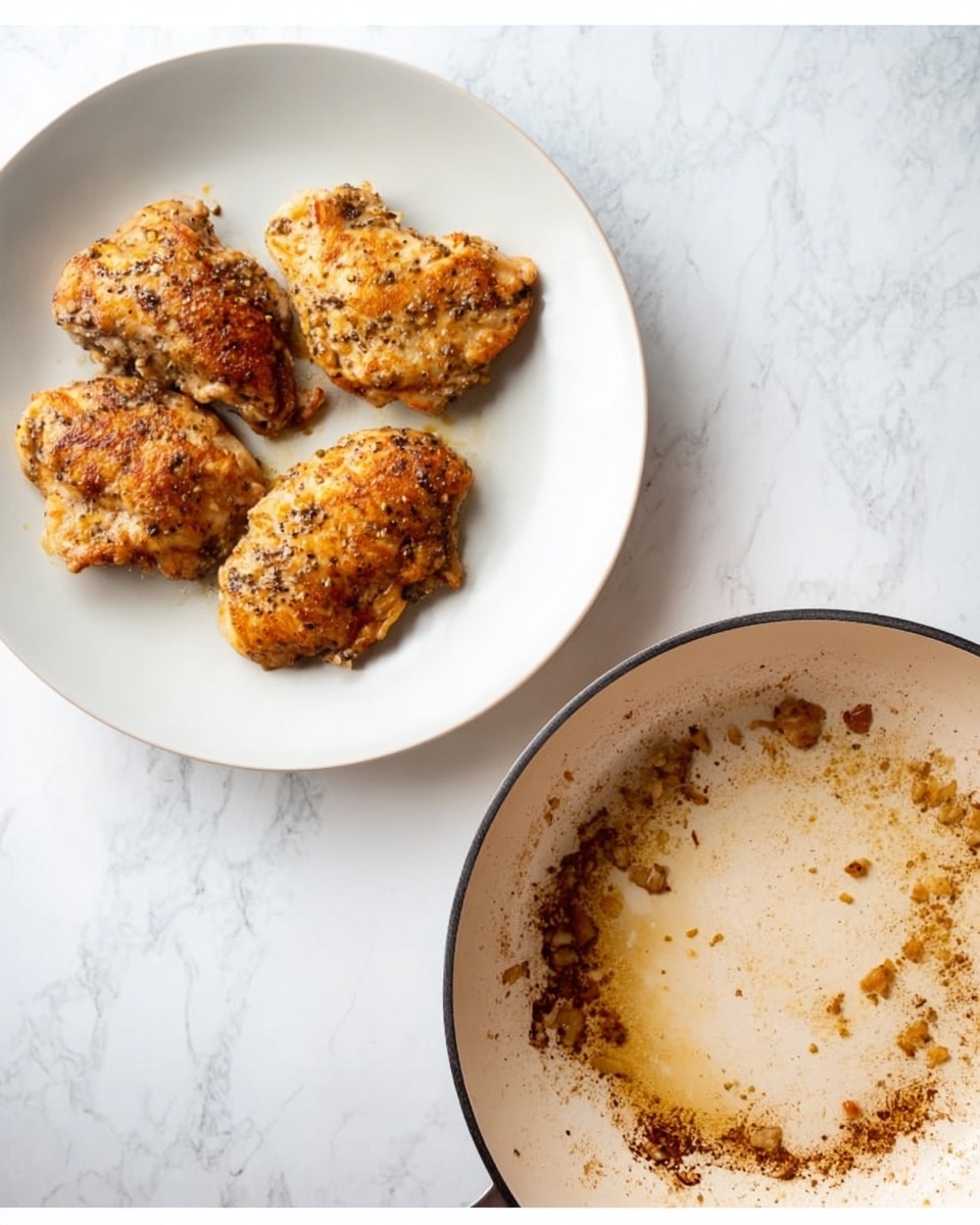 The image shows two parts: on the left, a white plate with four cooked golden-brown chicken pieces with seasoning specks, each with a slightly crispy texture and uneven shapes. The plate rests on a white marbled surface. On the right, there is a round white pan with a dark rim, showing brown cooked bits and grease leftover from cooking, with a smooth pale inside, also placed on a white marbled surface. photo taken with an iphone --ar 4:5 --v 7