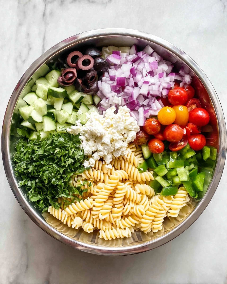 A shiny round metal bowl holds eight layers of ingredients placed separately. Starting from the top right and moving clockwise: pale yellow cooked rotini pasta with a smooth texture, bright green diced bell peppers, halved small red cherry tomatoes with green bits, finely chopped dark green parsley on the bottom left, light to medium green chopped cucumber next to it, small diced purple-red onions at the top left, black sliced olives in the center, topped with a small pile of white crumbly cheese. The bowl sits on a white marbled surface. photo taken with an iphone --ar 4:5 --v 7