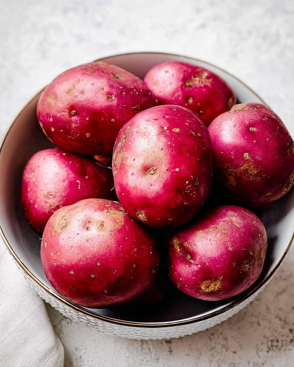 A bowl filled with several red potatoes, each showing a smooth yet slightly rugged texture with small dark spots and some rough patches. The potatoes are round to oval in shape with a bright red skin that shines softly under gentle light. The bowl holding the potatoes is white with a subtle textured pattern on the outside. The bowl sits on a surface with a white marbled texture, creating a clean and simple background. photo taken with an iphone --ar 4:5 --v 7