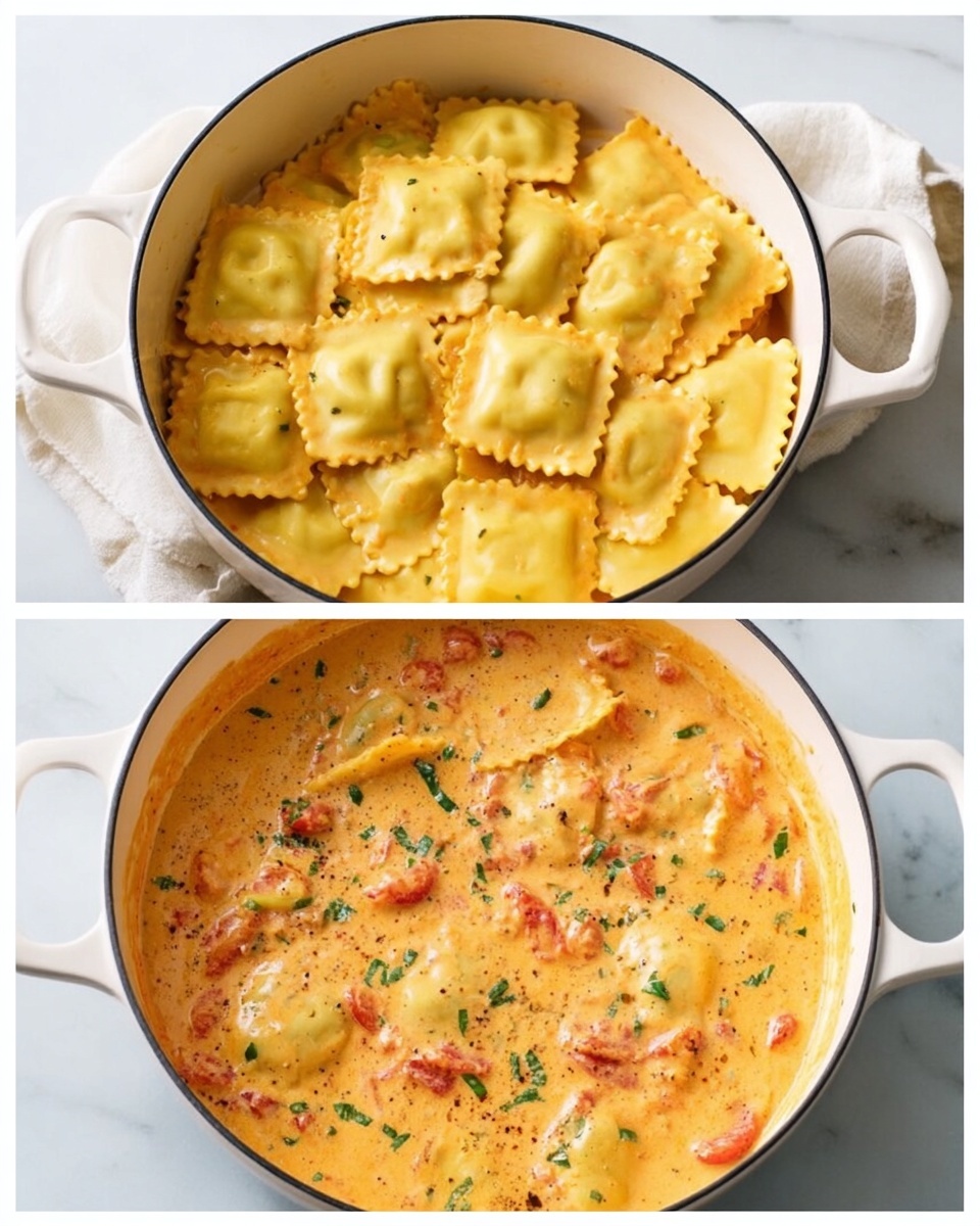 A white pot filled with creamy orange sauce at the base, with a layer of yellow ravioli pasta placed on top, the pasta is square-shaped with crimped edges. In the next image, the ravioli are mixed into the sauce making the entire dish creamy orange with visible small pieces of tomatoes and green herbs sprinkled on top. The texture looks smooth and rich. The pot is set on a white marbled surface, and a white cloth is seen near the pot in the second image. photo taken with an iphone --ar 4:5 --v 7