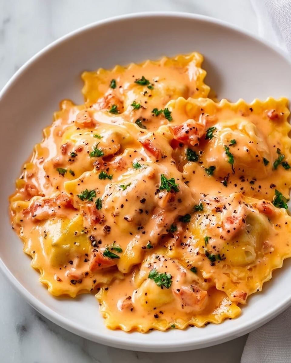 A round white pot filled with a creamy orange sauce covered ravioli, sprinkled with small green herbs and red pepper flakes. The ravioli layers are visible with slightly ruffled edges, evenly mixed with bits of diced tomatoes in the sauce. A silver fork with a wooden handle rests on the right side of the pot, with a woman's hand holding it. The pot is placed on a white cloth on a white marbled surface. Near the pot, fresh green basil leaves add a touch of freshness. photo taken with an iphone --ar 4:5 --v 7
