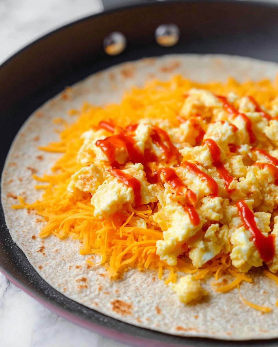 A light brown tortilla lies flat in a black pan on a white marbled surface, topped with two main layers: the bottom layer is a generous amount of thin, bright orange shredded cheese spread evenly across the center, while the top layer consists of small, fluffy, pale yellow scrambled eggs scattered over the cheese. Bright red hot sauce is drizzled lightly over the eggs and cheese, adding a vivid contrast. The scene is close up and focused on the food's texture and colors. photo taken with an iphone --ar 4:5 --v 7