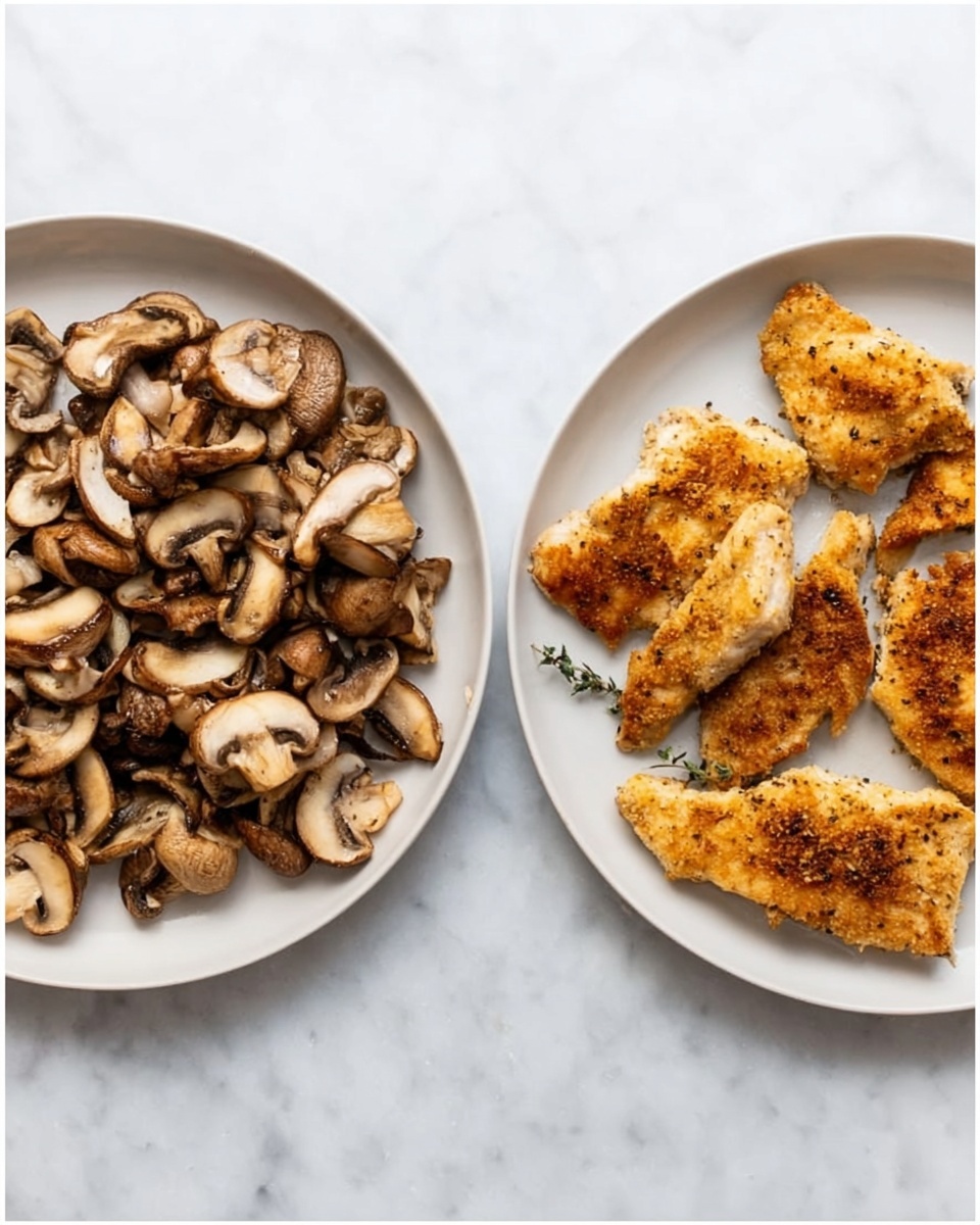 The image shows two white plates on a white marbled surface. The left plate is filled with many thinly sliced brown mushrooms, spread out evenly and showing a soft texture with light and dark brown colors. The right plate has five pieces of cooked golden brown chicken fillets arranged with some pieces touching, showing a crispy texture on the edges and a light seasoning visible on the surface. Both plates have simple, clean presentations. Photo taken with an iphone --ar 4:5 --v 7