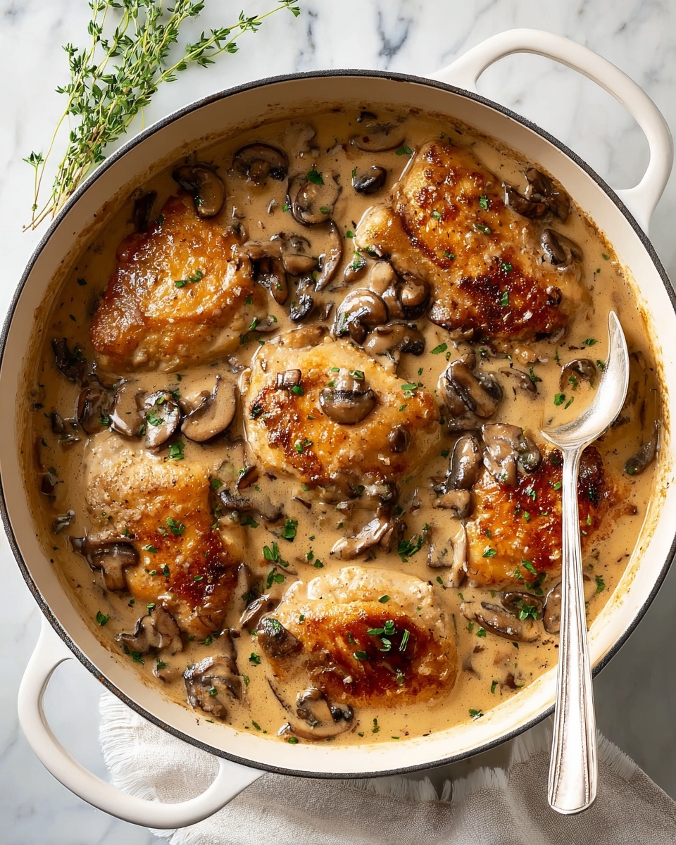 The image shows a close-up of brown pieces of chicken covered in a creamy light brown mushroom sauce inside a large white pan. The chicken pieces have a cooked golden-brown crust visible underneath the sauce. Large slices of brown mushrooms are spread evenly over the chicken and sauce, adding texture. Small green herb leaves are sprinkled on top, creating a fresh contrast. The surface around the pan is a white marbled texture. photo taken with an iphone --ar 4:5 --v 7