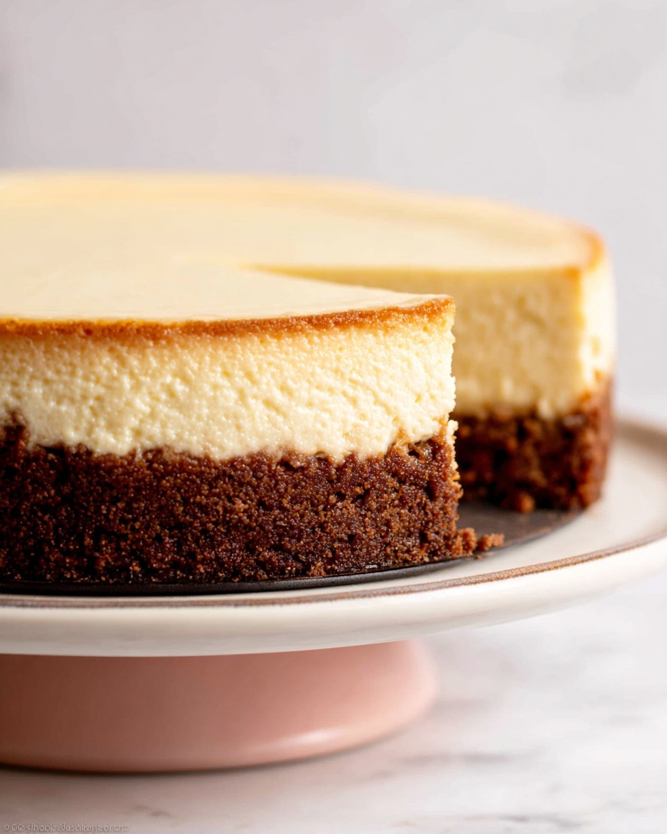 The image shows a cheesecake with two clear layers. The bottom layer is a dark brown, crumbly crust that looks rough in texture and solid. Above it is a thick layer of creamy, pale yellow cheesecake filling that is smooth and dense. The cake sits on a white plate with a soft pink stand, and the background is a white marbled surface. The lighting is bright, highlighting the textures clearly. photo taken with an iphone --ar 4:5 --v 7