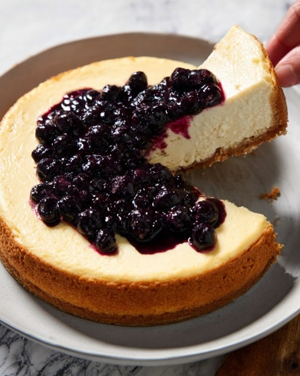 A cheesecake with a thick golden-brown crust at the bottom and a smooth light cream-colored filling on top, placed on a white plate. There is a large dollop of dark purple blueberry topping in the center, with whole blueberries visible and some shiny syrup surrounding them. One slice is missing, showing the creamy inside and a pale golden crust edge. A woman's hand holds a piece of the cheesecake near the plate, with a white marbled surface underneath. photo taken with an iphone --ar 4:5 --v 7
