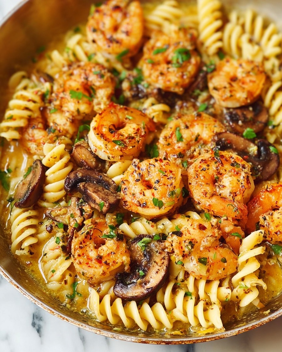 The dish shows a close-up of cooked spiral pasta mixed with sautéed shrimp and sliced mushrooms. There are about 2 layers: the bottom layer has pale yellow spiral pasta coated lightly in a glossy, oily sauce, while the top layer features plump, orange shrimp with a slightly charred texture and visible herbs sprinkled on them. Brownish sliced mushrooms are scattered evenly among the shrimp and pasta. Small green herb pieces are sprinkled on top, adding a fresh look. The food is in a light pan with a warm, golden sauce pooling slightly around the pasta. The background is a white marbled surface. photo taken with an iphone --ar 4:5 --v 7