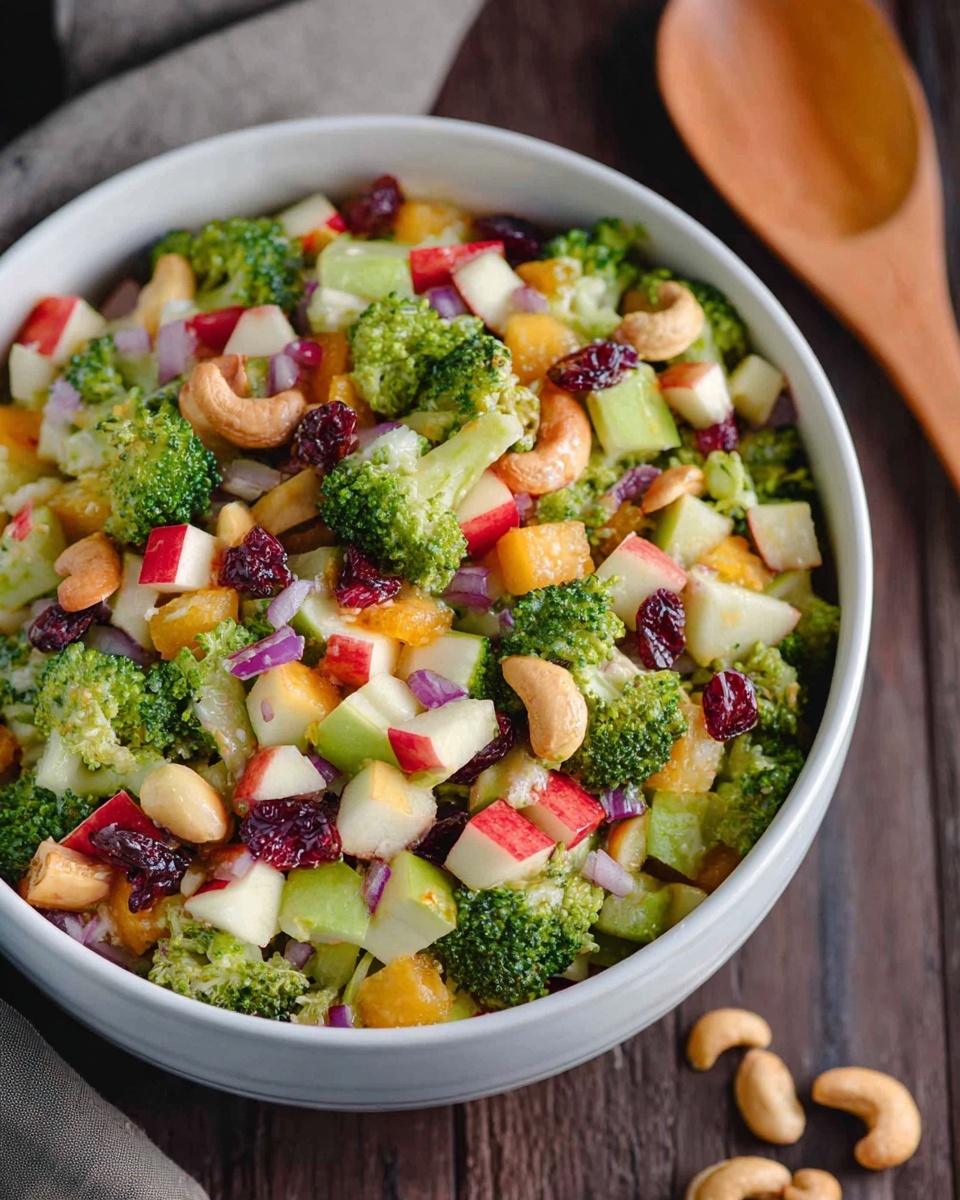 A white bowl filled with a colorful salad featuring bright green broccoli florets, diced red and green apples, small cubes of yellow cheese, pieces of red onion, dried red cranberries, and whole light brown cashew nuts mixed evenly throughout. The bowl sits on a dark wooden surface with a few cashew nuts scattered nearby and a wooden spoon in the background. The colors are fresh and vibrant, and the textures are varied with crunchy, juicy, and soft elements, all seen up close in natural light. photo taken with an iphone --ar 4:5 --v 7