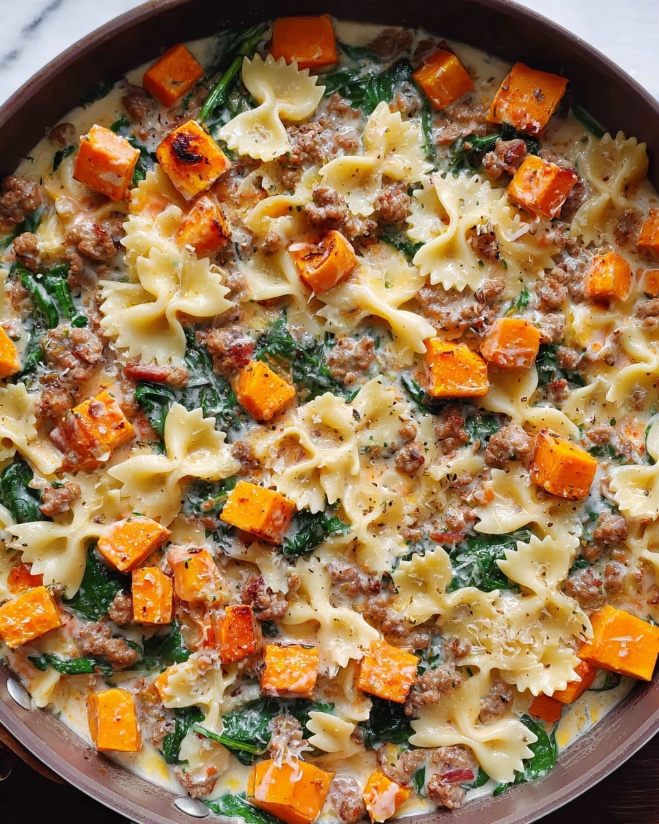 The image shows a close-up of a skillet filled with a creamy pasta dish. The bottom layer consists of bowtie pasta covered in a rich white sauce, sprinkled generously with black pepper. On top, bright orange cubes of roasted butternut squash are grouped on the right side, while cooked sausage pieces with a browned texture sit on the left side. Mixed throughout are wilted dark green spinach leaves adding color contrast. The stovetop pan has a silver rim, and the background is a white marbled texture. photo taken with an iphone --ar 4:5 --v 7