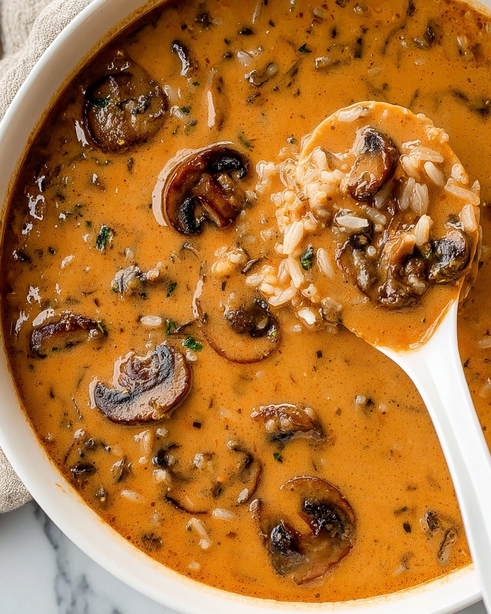 A close-up view of a rich, creamy mushroom soup with visible slices of browned mushrooms floating throughout the thick orange-brown broth. The soup has a smooth texture with some small bits of herbs and rice mixed in, giving it a hearty look. A white spoon is partially dipped into the soup on the right side, slightly lifting some of the soup and mushrooms. The soup is served in a white bowl, set on a white marbled surface. photo taken with an iphone --ar 4:5 --v 7