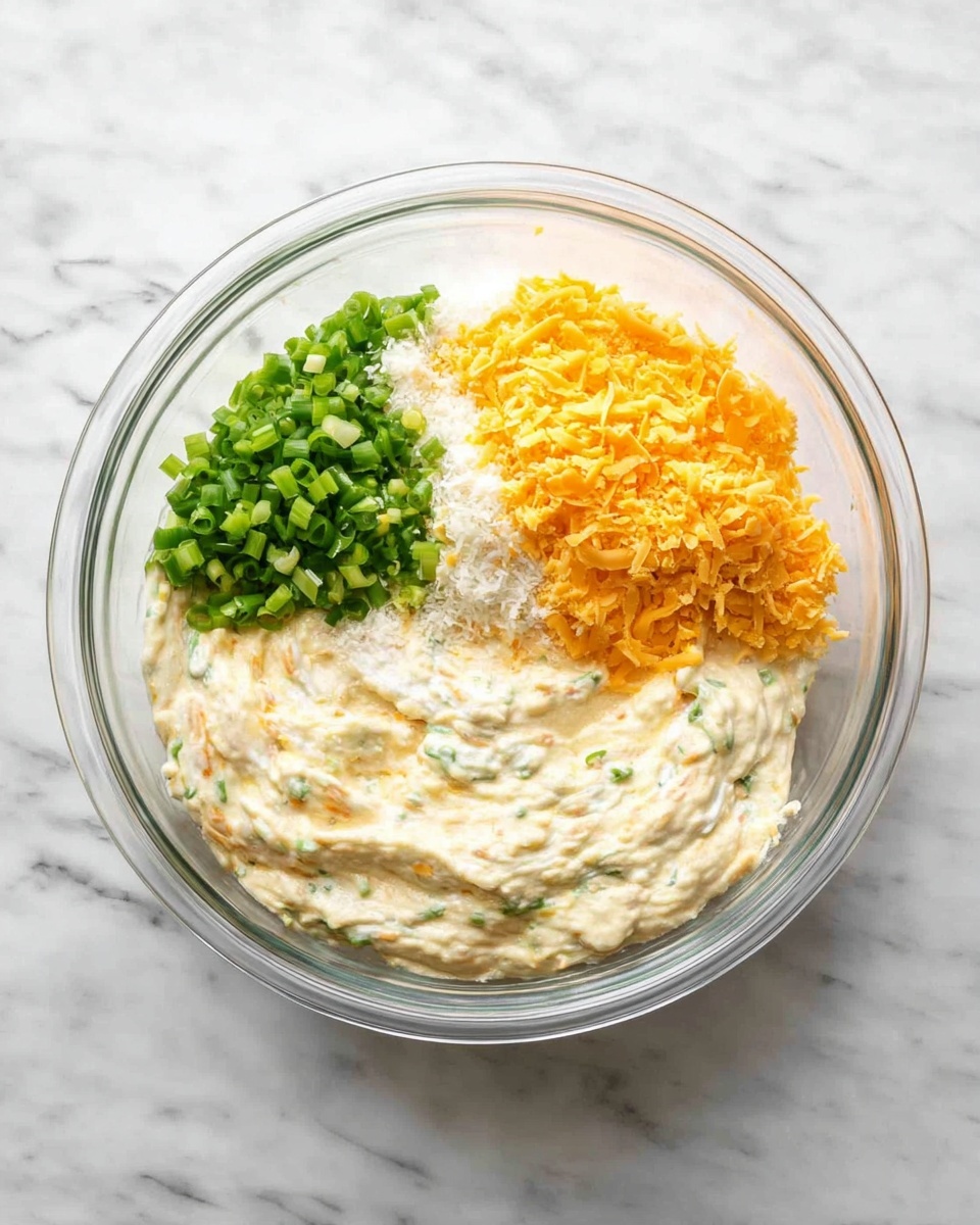 A clear glass bowl sits on a white marbled surface, filled with four main layers of ingredients: bright green chopped scallions on the left, a thick layer of white creamy sour cream behind them, a heap of bright orange shredded cheese on the right, and a pile of fine white grated cheese at the bottom. In the second image, the contents in the bowl are mixed together into a creamy, beige-colored thick mixture with visible small green scallion pieces and some texture from the shredded cheese, swirled gently to show its soft consistency. Photo taken with an iphone --ar 4:5 --v 7
