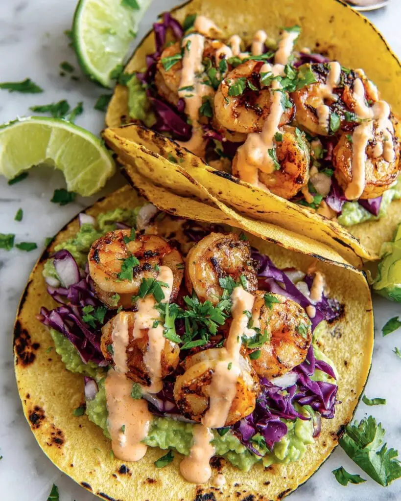 Shrimp Tacos with Creamy Lime Sriracha Sauce and Fresh Toppings Recipe
