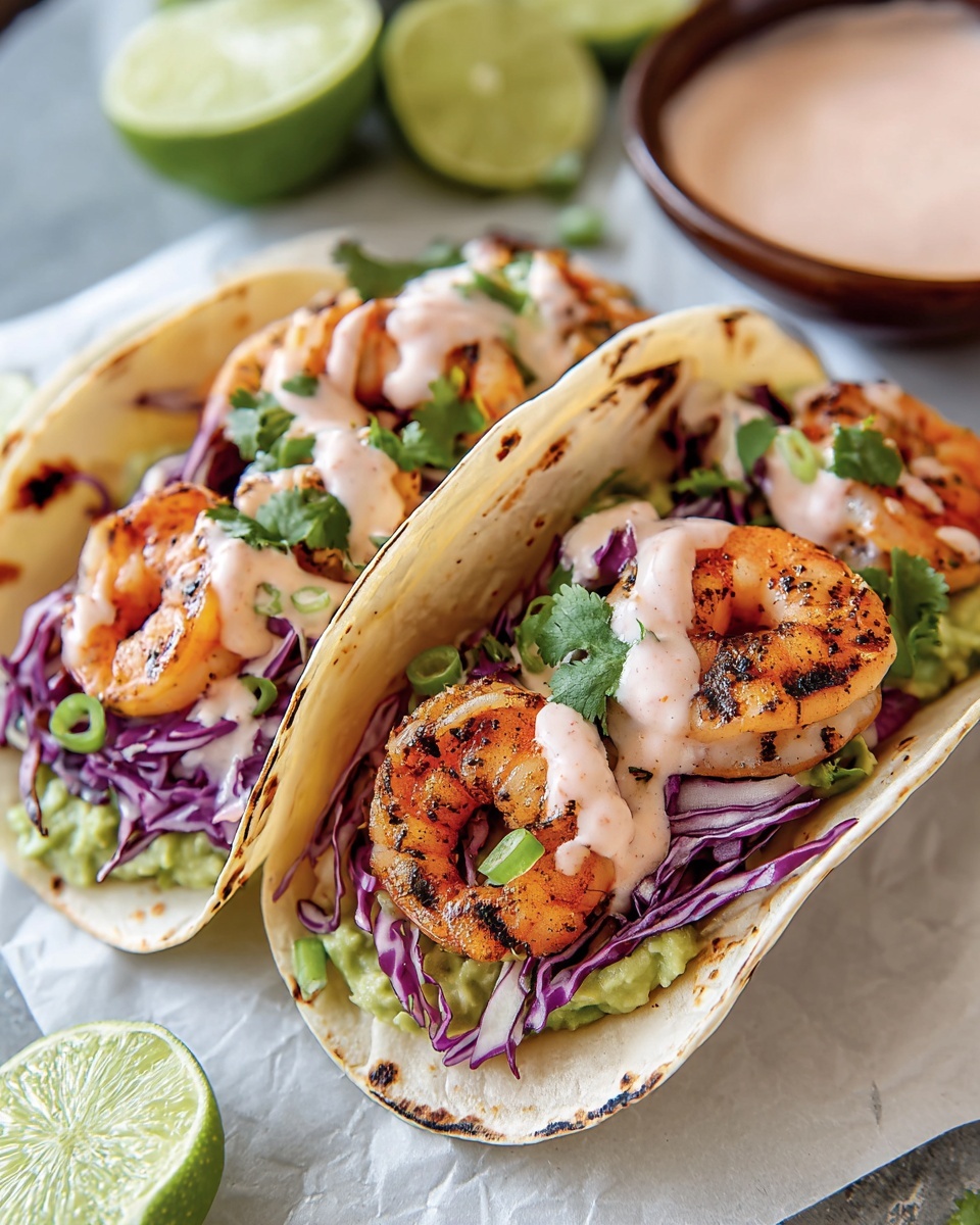 Three soft double-layered white tortillas with light char marks are filled with layers of green guacamole at the base, topped with thin slices of purple cabbage, and three orange grilled shrimp with black grill spots on each taco. A creamy pink sauce is drizzled over the shrimp, garnished with green cilantro leaves and small green onion pieces. The tacos are placed on white marbled paper, with blurred lime halves and a bowl of light pink sauce in the background. Photo taken with an iphone --ar 4:5 --v 7