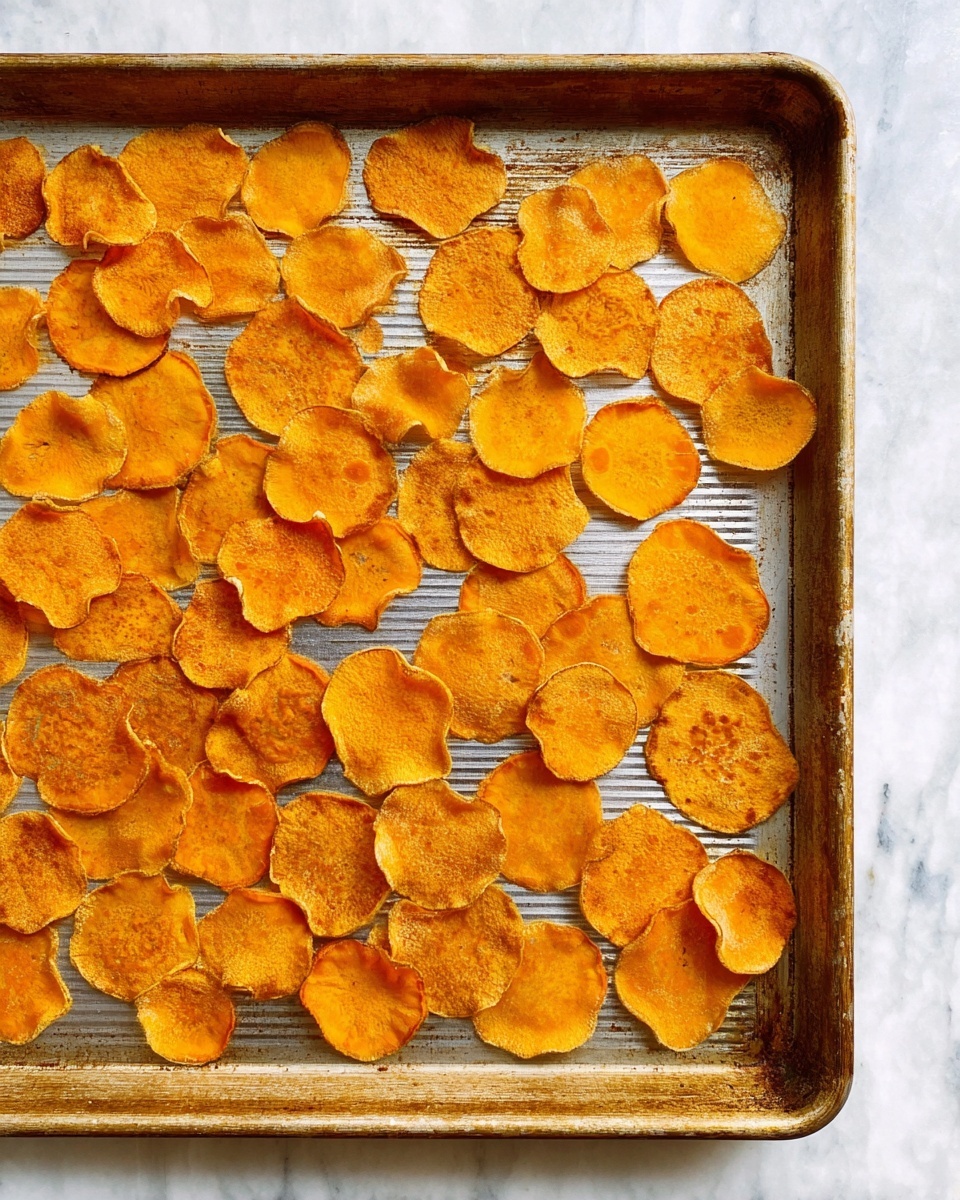 A large baking tray filled with many round and scalloped orange sweet potato chips spread out thinly. The chips have a slightly wrinkled texture and look crispy with some darker golden spots around the edges. The tray has a slightly used metallic look with grooves in the base. The background is a white marbled surface. photo taken with an iphone --ar 4:5 --v 7