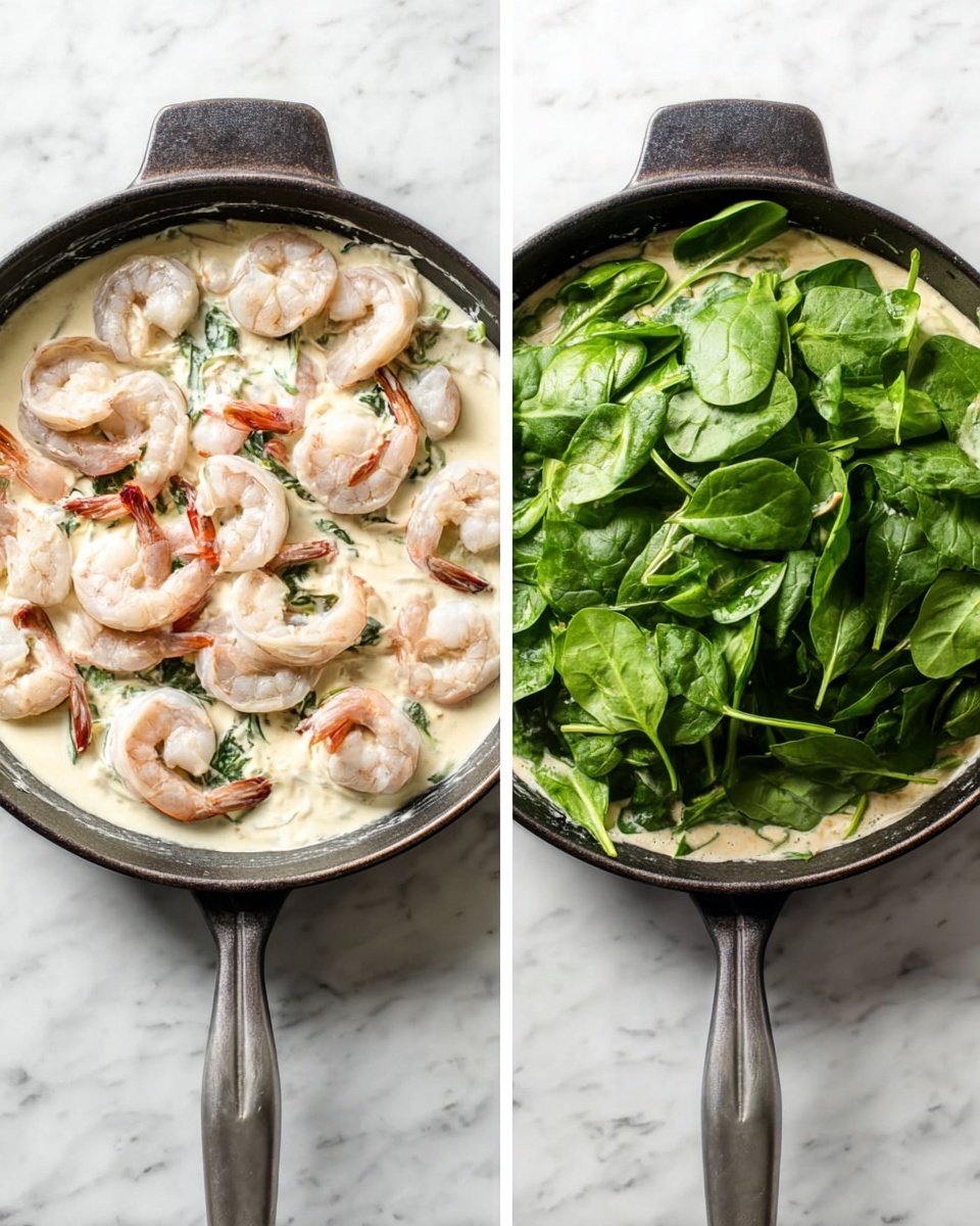 The side-by-side images show a black skillet on a white marbled surface, filled with two different stages of cooking. In the first image, the skillet holds a creamy white sauce base with many raw shrimp arranged on top, their pale pink and grey shells and curled shapes clearly visible, some tails sticking out. In the second image, the shrimp are partially hidden beneath a large pile of fresh, bright green spinach leaves that cover the creamy sauce beneath, adding a vibrant color contrast. The skillet handle points toward the bottom right in both images. Photo taken with an iphone --ar 4:5 --v 7