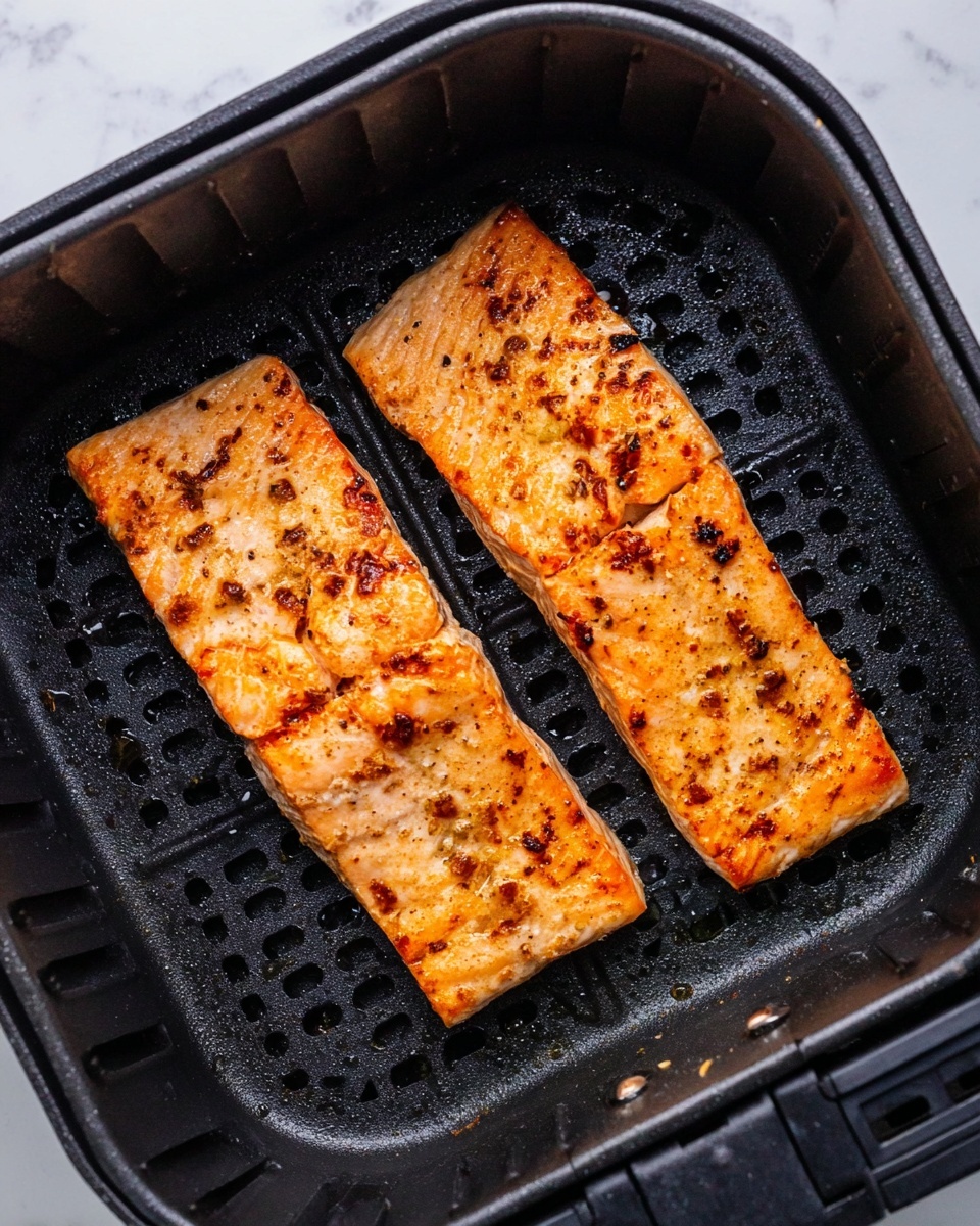 Two cooked salmon fillets lie side by side inside a black air fryer basket. Each fillet is thick and rectangular with a golden-brown, slightly crispy surface showing small charred spots and some textured garlic pieces. The fillets have a warm orange-pink color with lighter streaks underneath the browned top, giving a fresh and cooked look. The air fryer basket has a grid pattern and small droplets of moisture can be seen on its surface. The background around the basket is a white marbled texture photo taken with an iphone --ar 4:5 --v 7