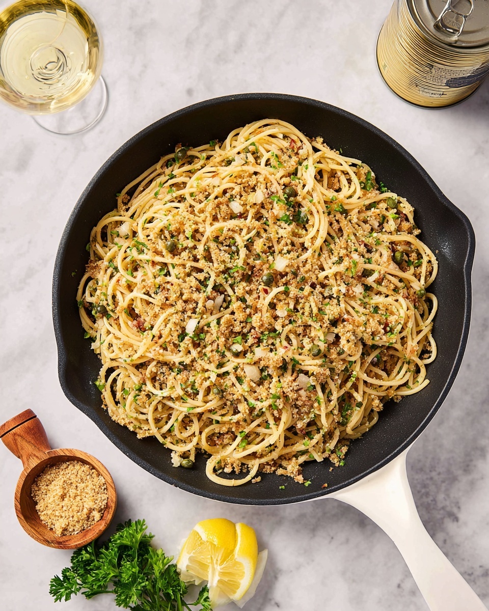 A black skillet with a white handle holds a pile of spaghetti mixed with crumbs, small green herbs, chopped onions, and capers, showing a textured, lightly browned top layer mixing with pale yellow pasta strands underneath. To the top left is a glass of white wine with a smooth light yellow liquid, and to the right is a closed tuna can. Below the skillet, on a white marbled surface, sits a wooden measuring cup filled with light crumbs and a lemon wedge next to some green parsley. photo taken with an iphone --ar 4:5 --v 7
