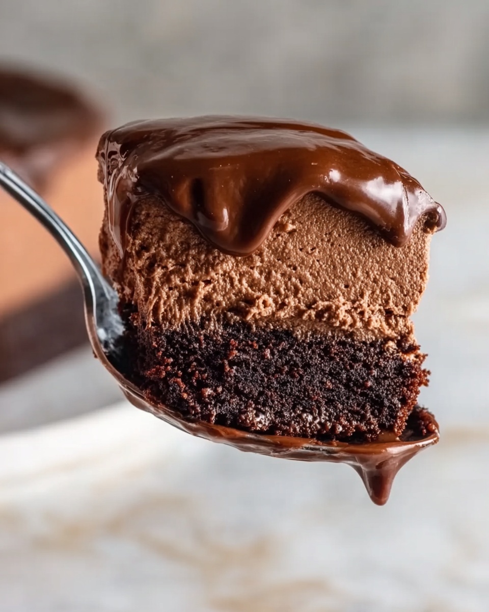A close-up of a spoon holding a piece of chocolate cake with three visible layers: the bottom layer is a dark, dense chocolate cake, the middle layer is a smooth and fluffy chocolate mousse, and the top layer is a thick, shiny chocolate ganache that looks creamy and glossy, slightly dripping over the edge; the background and surface have a white marbled texture, and the spoon is silver, held by a woman's hand. photo taken with an iphone --ar 4:5 --v 7
