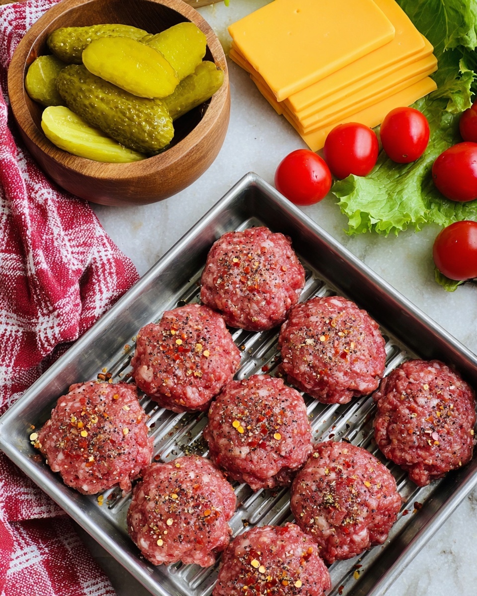 The image shows a metal grill tray filled with mini raw meat patties that are seasoned with crushed red pepper flakes and coarse black pepper, each patty roughly round and pink with white fat marbling. Behind the tray, there is a small wooden bowl filled with yellow-green pickle slices. Next to the bowl, there are thick slices of yellow cheddar cheese arranged in a loose stack. To the right, bunches of bright red cherry tomatoes and fresh green leafy lettuce are slightly visible. The whole scene is set on a white marbled surface with a hint of a red and white checkered cloth under the pickles and cheese. photo taken with an iphone --ar 4:5 --v 7