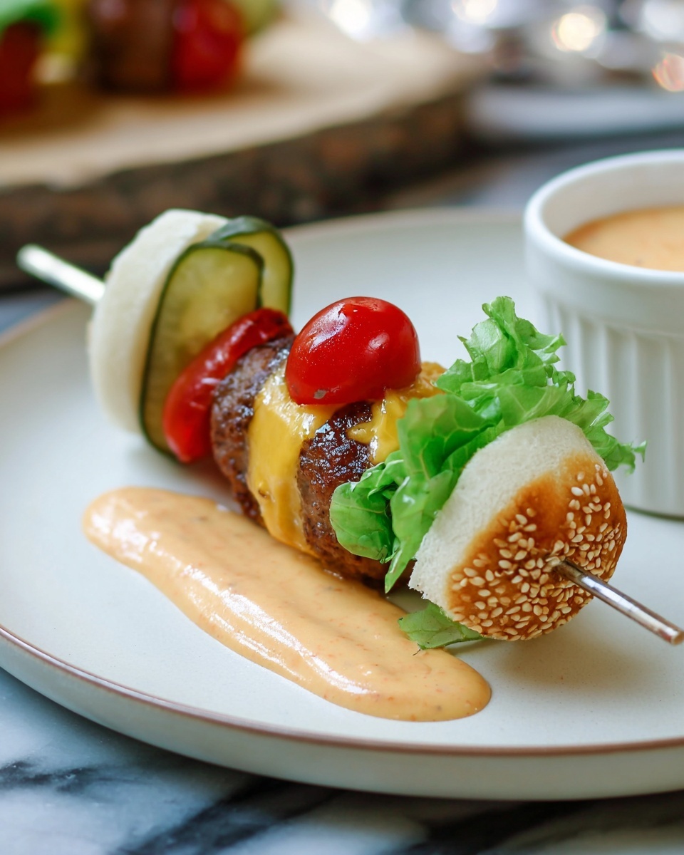 A small slider skewer is placed on a white plate with a pool of creamy orange sauce underneath. The skewer has five layers: starting from the left, a round white bread piece, followed by two thin green pickle slices, a small red cherry tomato, a browned mini burger patty topped with melted yellow cheese, a bright green leaf of lettuce, and ending with a sesame seed white bun piece on the right. The plate sits on a white marbled surface with part of a white bowl containing sauce visible in the background. Photo taken with an iphone --ar 4:5 --v 7