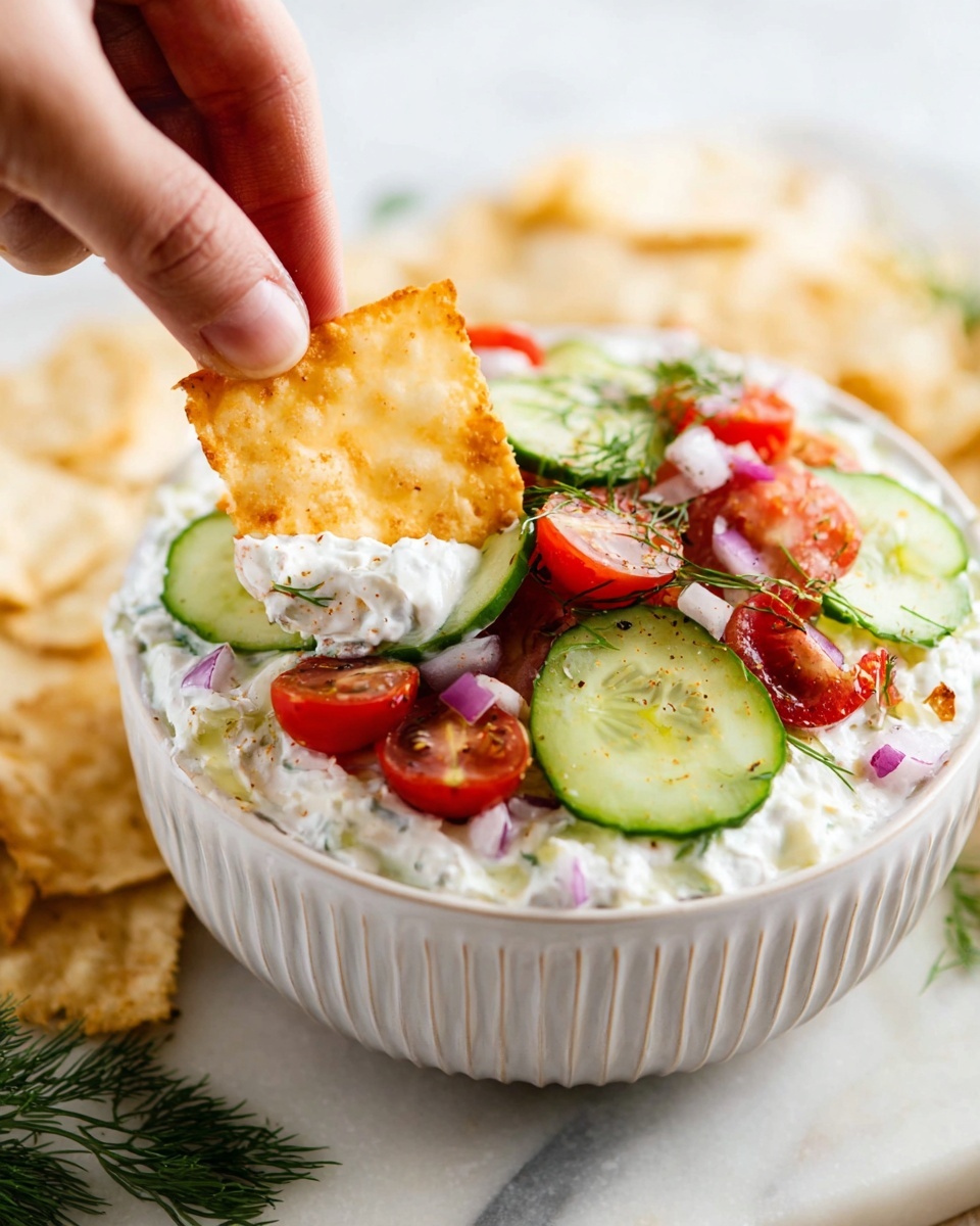 A round white bowl with ridged edges holds a layered dip. The bottom layer is a white, creamy texture. On top, there are thin, light green cucumber slices and bright red cherry tomato halves scattered around. Small bits of purple onion and green dill leaves are sprinkled over the vegetables. A golden brown, square crispy chip is held by a woman's hand near the center, loaded with a bit of white cream, a cucumber slice, and a tomato slice. The bowl sits on a white marbled surface with a few more chips and some green dill sprigs in the background. Photo taken with an iphone --ar 4:5 --v 7