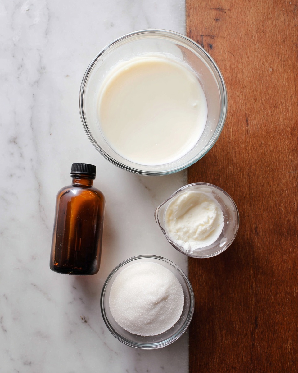 A top view of four containers on a white marbled surface: a large transparent glass bowl at the top filled halfway with white milk, a smaller clear measuring cup on the left filled almost to the top with white cream, a small filled amber bottle with a black cap in the center below the glass bowl, and a clear glass bowl on the right filled with white granulated sugar. Photo taken with an iphone --ar 4:5 --v 7