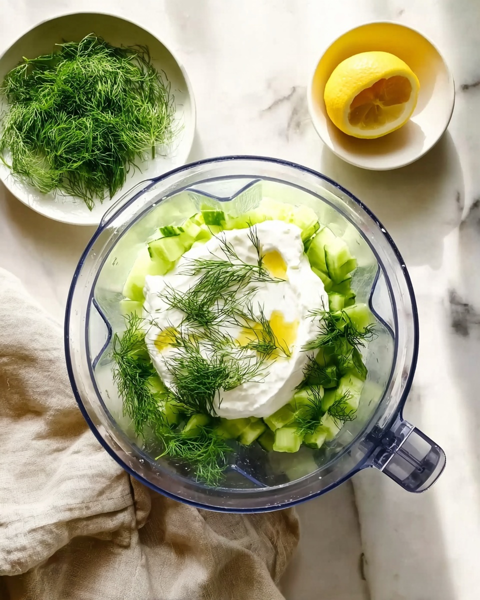 The image shows a clear blender bowl filled with three layers of ingredients: at the bottom, light green chopped cucumber pieces; in the middle, a thick white creamy layer likely yogurt or sour cream; on top, fresh green dill sprigs carefully placed. A small drizzle of golden oil rests on the white layer. Next to the blender is a small white bowl holding fresh dill, a bright yellow lemon half, and part of a beige linen cloth on a white marbled surface. The light is natural and soft. Photo taken with an iphone --ar 4:5 --v 7