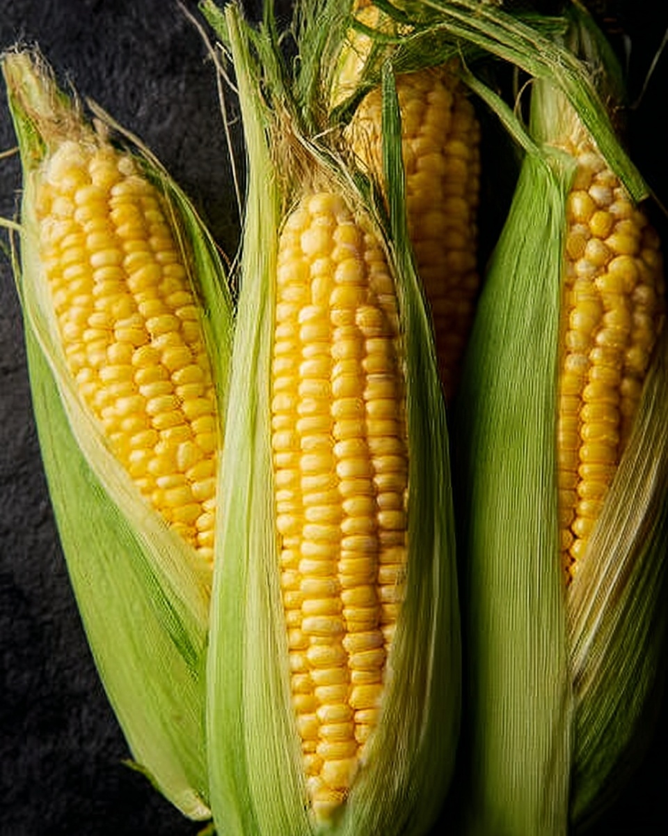 Three ears of yellow corn with bright green husks partly peeled back, showing tightly packed rows of smooth, shiny kernels. The corn rests on a dark background with some light shining on the corn, highlighting its texture and freshness. The husks have a slightly rough texture and vibrant green color, while the tips of the corn show some natural brown silk strands. photo taken with an iphone --ar 4:5 --v 7