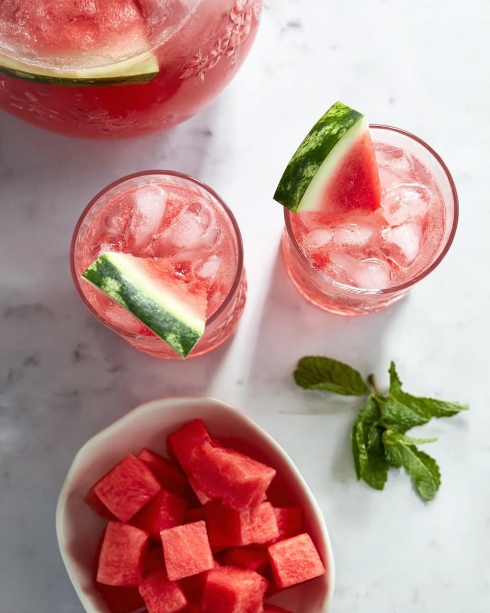 The image shows two clear glasses filled with pink watermelon drink and ice cubes, each glass garnished with a small triangular slice of watermelon placed on the rim. Below and to the right, there is a white bowl shaped like half a watermelon, filled with bright red watermelon cubes. To the top left, part of a clear pitcher filled with the same pink watermelon drink and a watermelon slice is visible. There is a small bunch of fresh green mint leaves placed on the white marbled surface near the bowl. The scene is bright, clean, and fresh. photo taken with an iphone --ar 4:5 --v 7