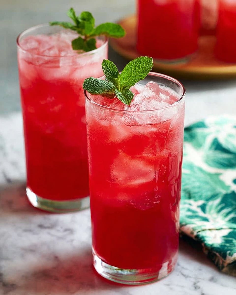 The image shows two tall clear glasses filled with bright red drink and ice cubes. Each glass has a sprig of fresh green mint leaves on top as garnish. The glasses sit on a white marbled surface with a green and white cloth napkin folded beside them. The background is softly blurred, showing parts of other similar drinks. The scene looks fresh and cool. photo taken with an iphone --ar 4:5 --v 7