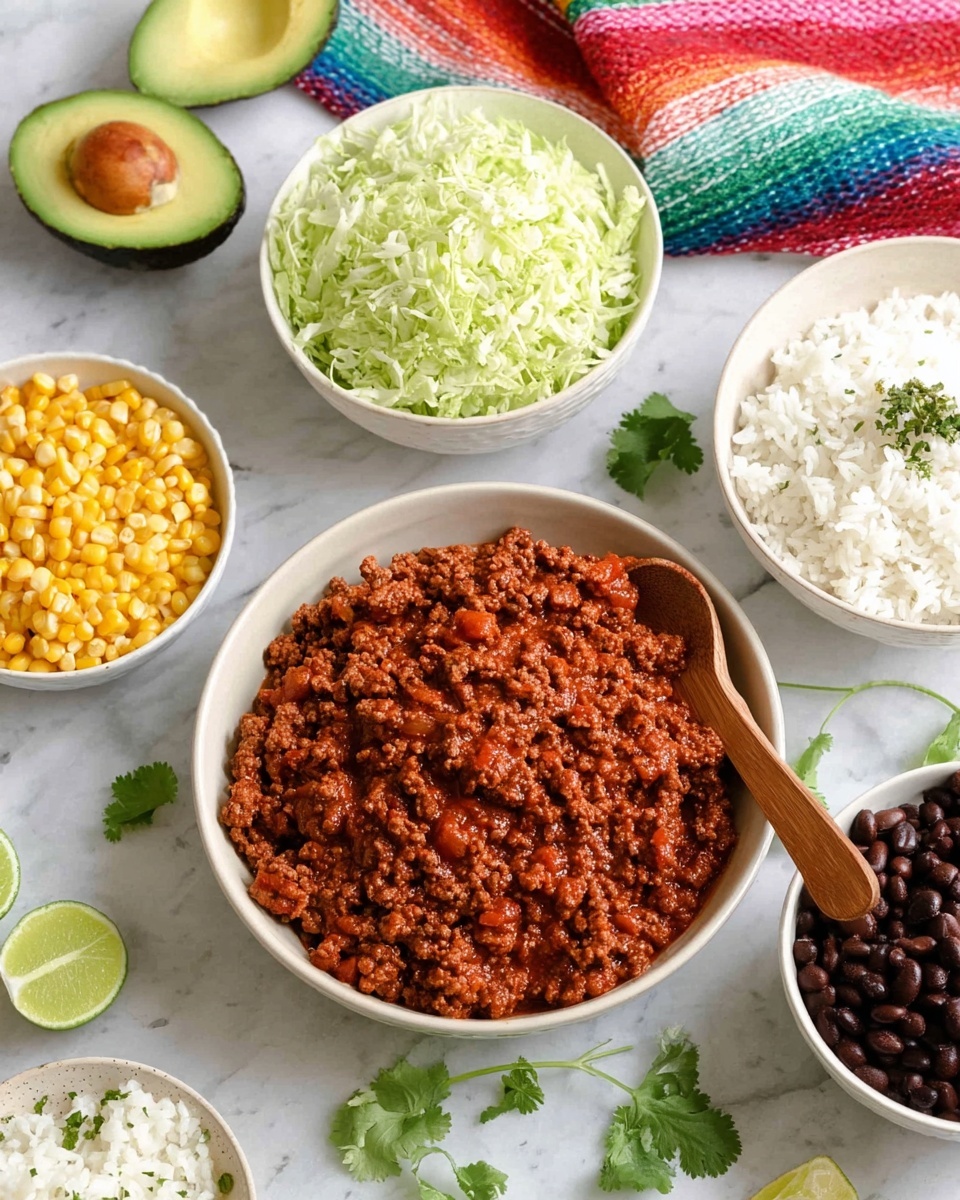 A white bowl filled with cooked ground meat in a thick red sauce is placed in the center with a wooden spoon resting inside. Above it and slightly to the right, there is a white bowl filled with white rice mixed with small green herbs. To the left of the rice bowl is a white bowl containing shredded green lettuce. Above the ground meat bowl, on the left side of the image, is a halved avocado with the seed still inside. Below the meat bowl and slightly to the left is a white bowl filled with bright yellow corn kernels. To the right of the rice bowl is a small white bowl filled with black beans. There are lime wedges and cilantro leaves scattered on a white marbled surface underneath the bowls, and a colorful striped cloth on the left side of the image. Photo taken with an iphone --ar 4:5 --v 7