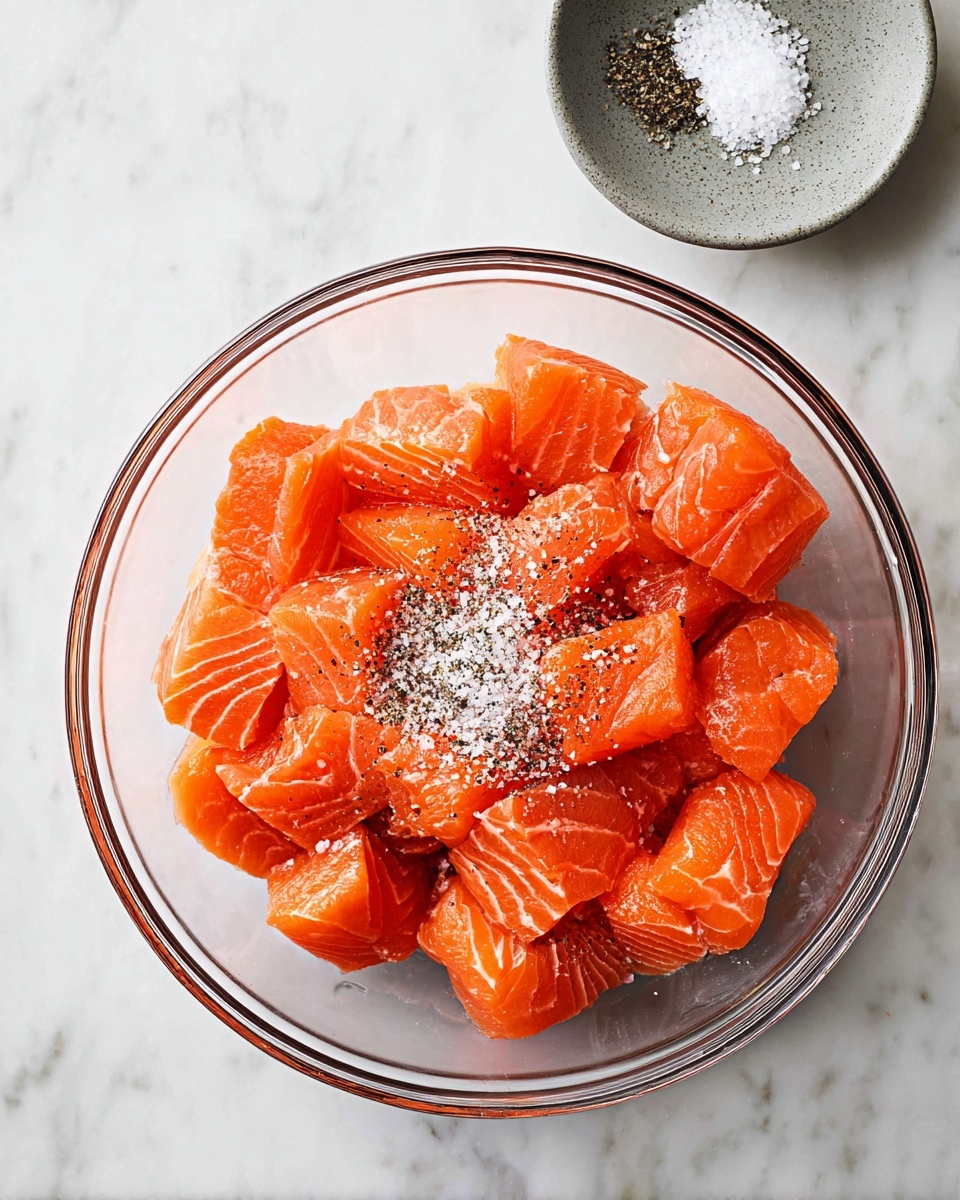 A clear glass bowl filled with many pieces of bright orange raw salmon chunks, arranged in a circular pattern. The salmon pieces have a smooth, slightly shiny texture with fine white lines. In the center of the bowl, there is a sprinkling of coarse white salt and cracked black pepper, creating a contrast on the salmon's surface. Above the bowl, there is a small gray ceramic dish holding more salt and cracked black pepper, placed on a white marbled surface. photo taken with an iphone --ar 4:5 --v 7
