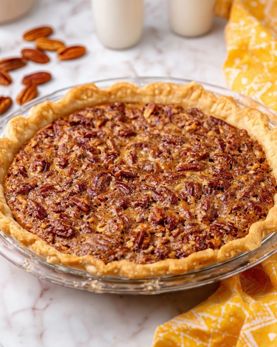 The image shows a whole pecan pie placed on a clear glass pie dish. The pie has one main layer: a golden brown crust with crunchy, caramelized pecans covering the top evenly. The crust is thick and crimped around the edges, holding the sweet, textured pecan filling inside. The background is a white marbled surface with a few whole pecans scattered around and a yellow and white patterned cloth on the right side. Photo taken with an iphone --ar 4:5 --v 7