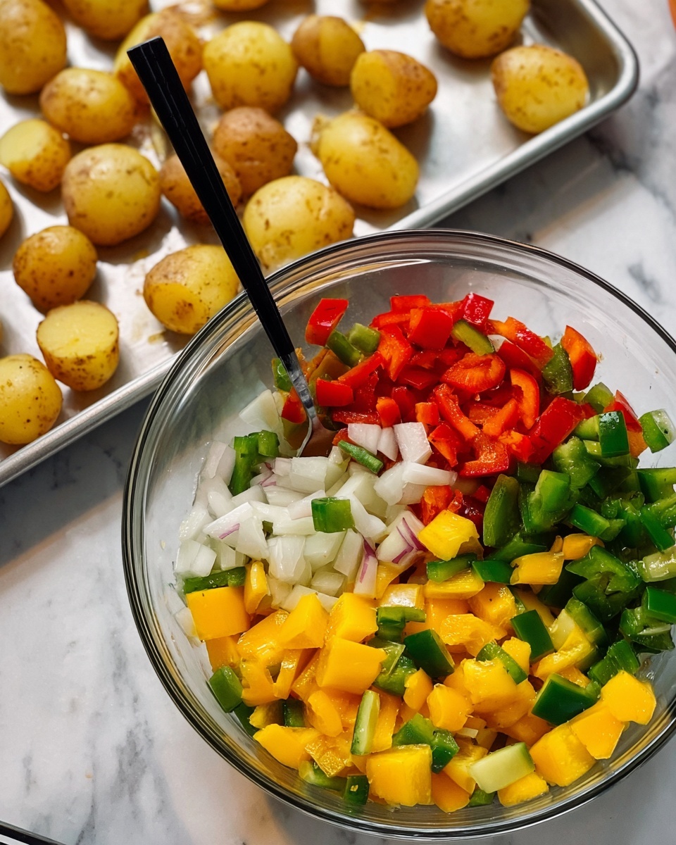 A clear glass bowl filled with three layers of chopped vegetables: the bottom layer has yellow bell pepper pieces, the middle layer has green bell pepper chunks, and the top layer has white onion and red bell pepper pieces mixed together, all cut into similar sized cubes; a black spoon sticks out from the left side of the bowl. Behind the bowl, there is a metal baking sheet with roasted small yellow potatoes, unevenly spread, resting on a white marbled surface. Photo taken with an iphone --ar 4:5 --v 7