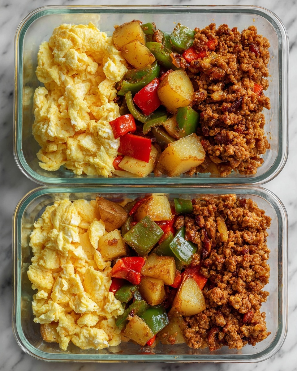 Two clear rectangular containers each hold three wide layers of food on a white marbled surface. In both containers, the left layer is fluffy scrambled eggs in pale yellow shades with soft texture. The middle layer has roasted potatoes mixed with cooked pieces of green, red, and yellow bell peppers, showing crispy edges and a mix of yellow, green, and red colors. The right layer consists of finely crumbled cooked ground meat in a reddish-brown color, with a crumbly texture. The arrangement is neat and colorful, emphasizing the contrast between soft eggs, roasted vegetables, and crumbled meat. Photo taken with an iphone --ar 4:5 --v 7