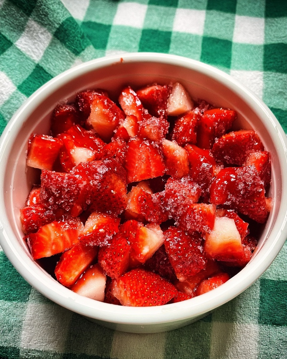 A white bowl filled with many small pieces of bright red strawberries, some showing white interiors, all mixed well and covered with sugar crystals glistening on top. The bowl is placed on a green and white checkered cloth, with a white marbled texture underneath. photo taken with an iphone --ar 4:5 --v 7