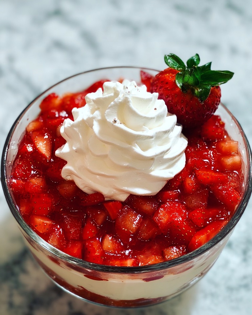 A clear glass bowl filled with two layers: the bottom layer is a cream-colored base, and the top layer is covered fully with small, bright red chopped strawberries. On top of the strawberries, there is a large swirl of white whipped cream with a single whole strawberry with green leaves placed on the right side of the cream. The bowl is placed on a white marbled surface. photo taken with an iphone --ar 4:5 --v 7