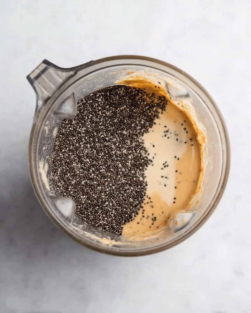 A clear blender container sits on a white marbled surface, filled with a layered mixture: a thick, creamy beige base on one side, mixed with a light brown liquid, and a dense layer of small, dark chia seeds covering the rest of the surface, creating a contrast between the smooth liquid and the textured chia seeds. The mixture looks fresh and ready to be blended. photo taken with an iphone --ar 4:5 --v 7