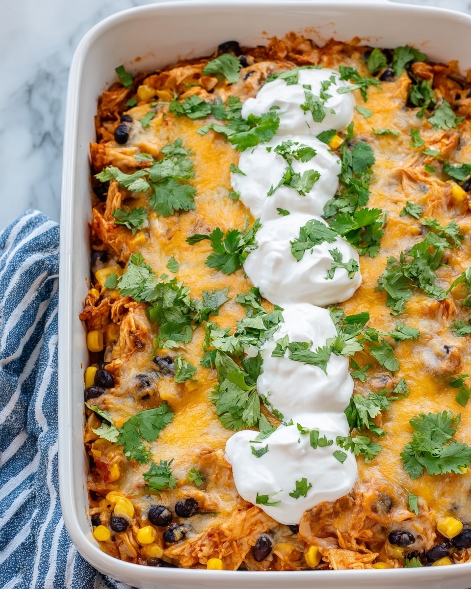 A white rectangular baking dish holds a layered casserole with three main layers: the bottom layer is a red sauce mixed with shredded chicken and black beans, the middle layer has melted yellow and white cheese covering the dish evenly with some golden brown spots, and the top layer features five large dollops of white sour cream spread down the center, sprinkled with bright green chopped cilantro. The dish sits on a dark blue and white striped cloth on a white marbled surface. Photo taken with an iphone --ar 4:5 --v 7