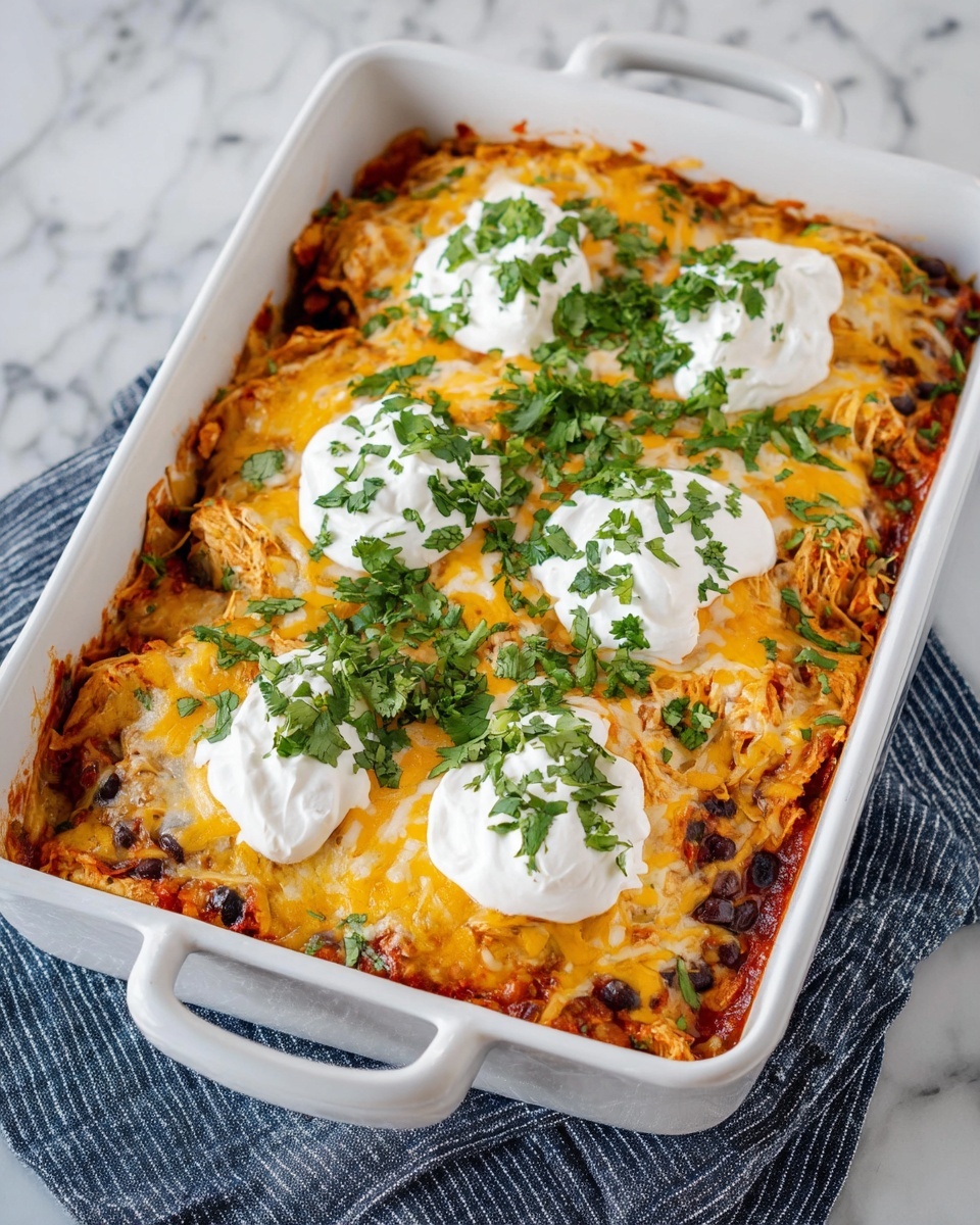 The dish is shown in a white rectangular baking dish filled with multiple layers. The bottom layer is a mix of shredded orange and white chicken with bits of black beans and yellow corn scattered throughout. Above that, there is a rich layer of melted cheddar and mozzarella cheese, covering the whole surface with a bubbly, golden texture. On top of the cheese, there are dollops of smooth white sour cream spread in a vertical line down the center. Fresh green cilantro leaves are sprinkled generously over the sour cream, creating a fresh contrast with the warm colors beneath. The dish sits on a white marbled surface with a blue striped cloth visible on the side. Photo taken with an iphone --ar 4:5 --v 7