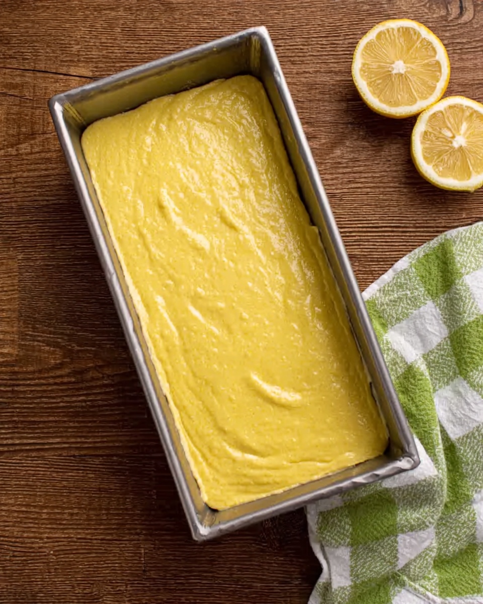 A rectangular metal baking pan filled with a smooth, bright yellow batter that has a creamy texture, placed on a brown wooden surface. Next to the pan, on the right side, there is a green and white checkered cloth partially covering two lemon halves which show the fresh, juicy yellow inside. The overall scene is well lit, showing the texture of the batter and the wooden surface clearly, photo taken with an iphone --ar 4:5 --v 7