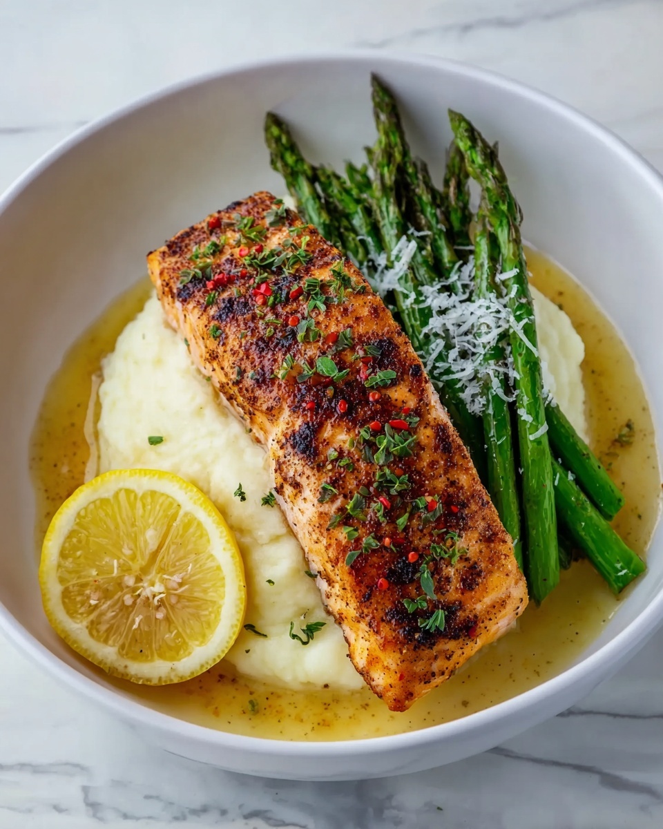 The dish shows a thick grilled piece of salmon with a crispy, browned top sprinkled with red pepper flakes and green herbs, resting on a bed of creamy white mashed potatoes that spread slightly under the fish. Behind the salmon, there is a neat row of bright green steamed green beans topped with grated white cheese. A silver fork is pulling a small chunk from the salmon's corner, revealing the flaky pink inside. All of this is in a white bowl sitting on a white marbled surface with some sauce pooling around the mashed potatoes. Photo taken with an iphone --ar 4:5 --v 7