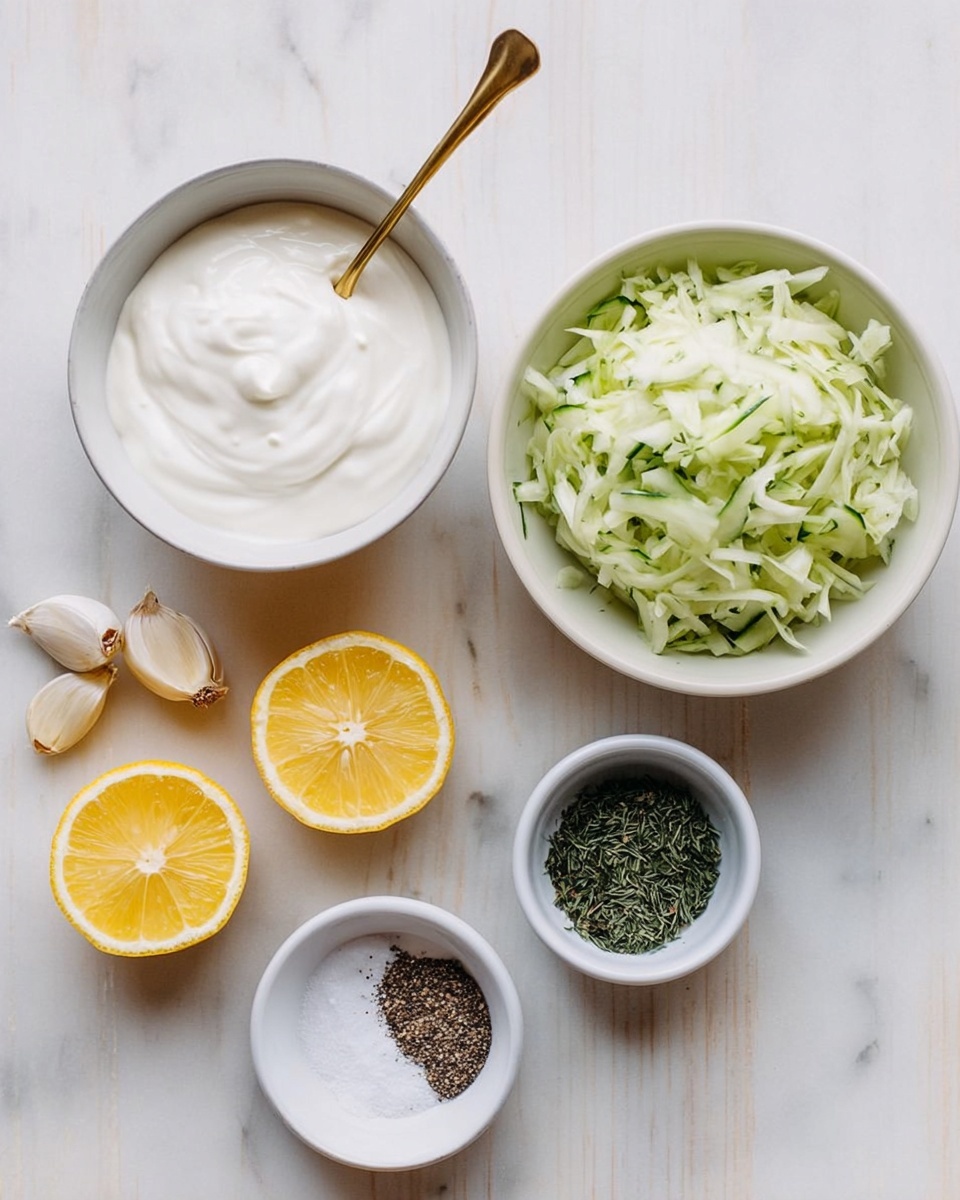 The image shows a flat lay of cooking ingredients on a white marbled surface. At the top left is a white bowl filled with smooth white yogurt or sour cream and a gold spoon sticking into it. To the right is a white bowl filled with shredded cucumber, showing a mix of light and darker green colors with a moist texture. Below the yogurt bowl are two lemon halves with a bright yellow rind and juicy, pale yellow inside. In the center bottom, there are two garlic cloves with a light tan skin and some papery peel around them. To the right bottom, there are two small white bowls; one contains a mix of black pepper and salt, and the other holds finely chopped dark green herbs, likely dill. Photo taken with an iphone --ar 4:5 --v 7
