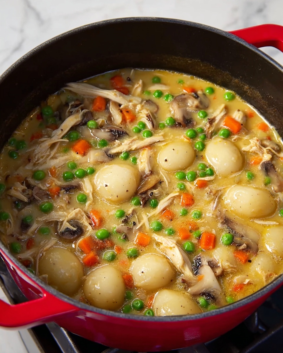 The dish is a thick stew inside a red pot with black inside edges, placed on a stove. The stew has several layers visible: the base layer is a light yellow creamy broth. Floating in the broth are soft, small, round white potatoes, thin strips of white shredded meat, sliced brown mushrooms, bright green peas, and small orange carrot pieces. The textures vary from smooth broth to soft and fibrous meat and vegetables. The pot is filled almost to the top, showing the layers mixed but still clear. The scene is set on a white marbled surface. photo taken with an iphone --ar 4:5 --v 7