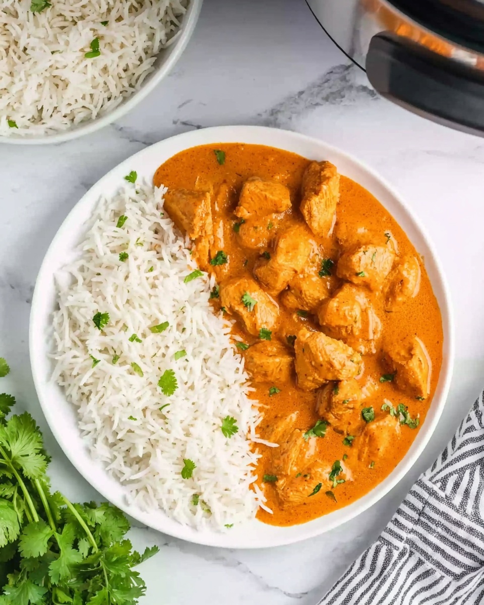 A white plate on a white marbled surface holds a serving of white rice on the left side and a thick orange chicken curry with chunks of chicken on the right side. The curry is smooth with visible small green herb pieces sprinkled on top. Nearby, there is a partial view of another white bowl filled with white rice, a black and white striped cloth, and some fresh green cilantro lying on the surface. The lighting is bright and natural, making the colors vivid and fresh. photo taken with an iphone --ar 4:5 --v 7