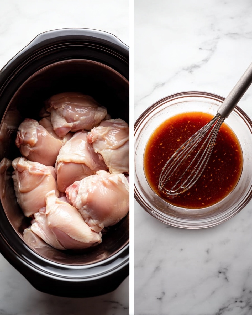 The left side shows a black slow cooker filled with eight raw pale pink chicken thighs arranged closely, their soft texture visible under the light. On the right side, there is a clear glass bowl placed on a white marbled surface, filled halfway with a dark reddish-brown sauce that has a slightly shiny surface, stirred by a silver whisk with a gray handle resting inside. photo taken with an iphone --ar 4:5 --v 7