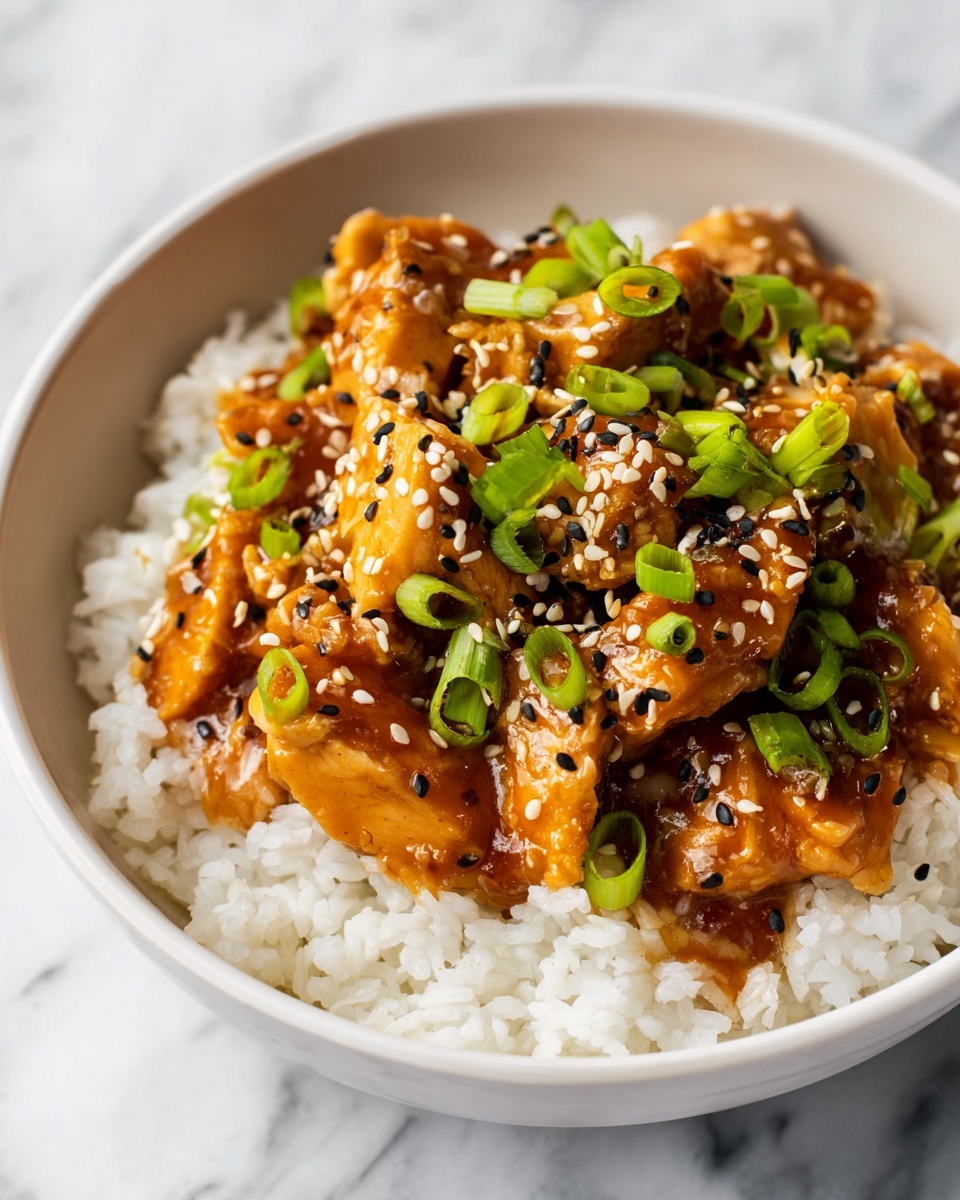 A close-up view of a white bowl with three visible layers: the bottom layer is white steamed rice with a fluffy texture, the middle layer is tender orange-brown pieces of chicken covered in a shiny, thick sauce, and the top layer has green chopped scallions and a mix of white and black sesame seeds scattered on the chicken, all set on a white marbled surface photo taken with an iphone --ar 4:5 --v 7